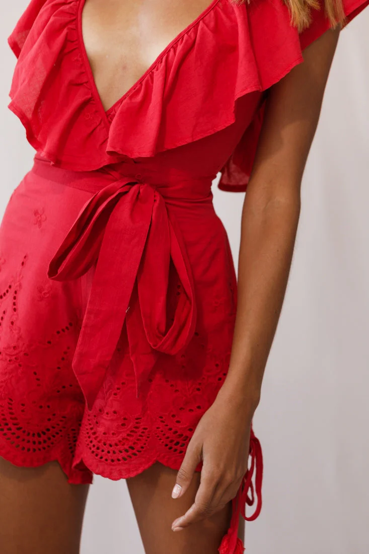 Kipper V-Neck Scalloped Romper Red - Image 4