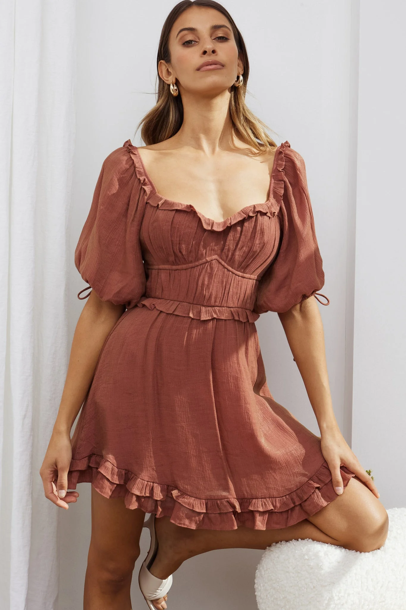 Kirra Puff Sleeve Ruched Bodice Dress Antique Rose - Image 4