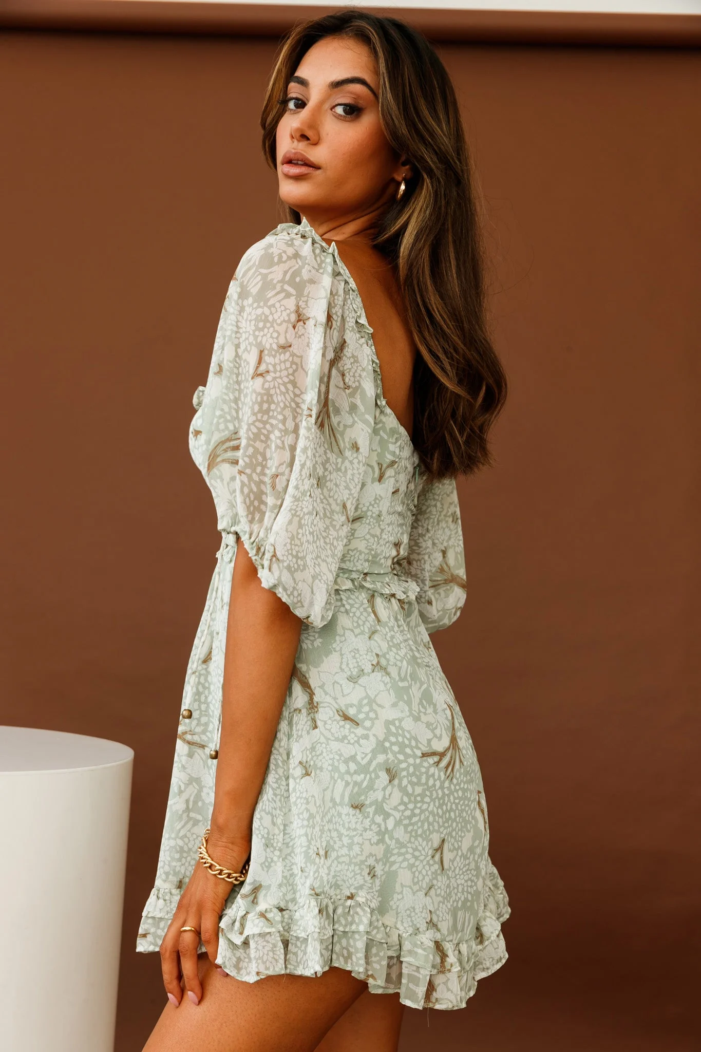 Kirra Puff Sleeve Ruched Bodice Dress Botanic Print Sage - Image 2
