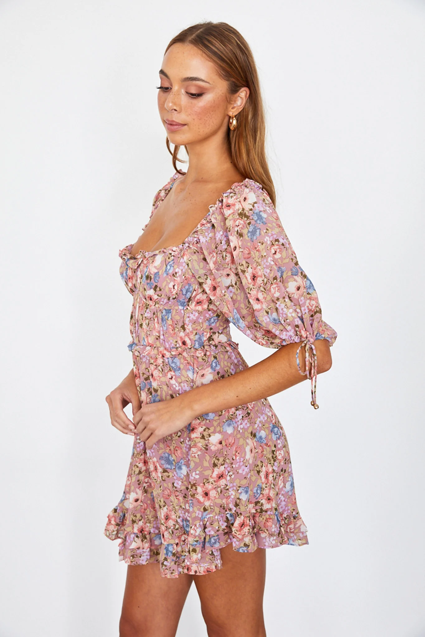 Kirra Puff Sleeve Ruched Bodice Dress Floral Pink - Image 5