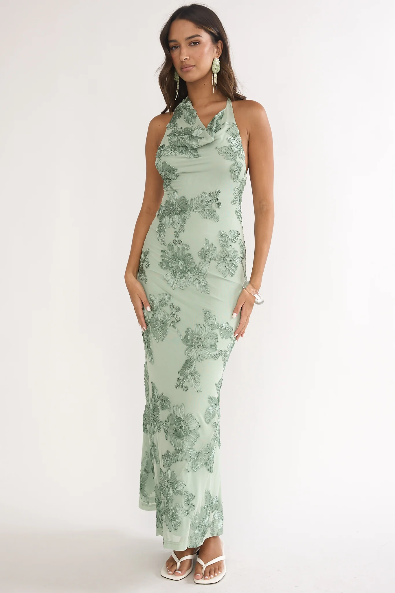 Kirralee Asymmetric Halterneck Embellished Maxi Dress Aqua Green - Image 4