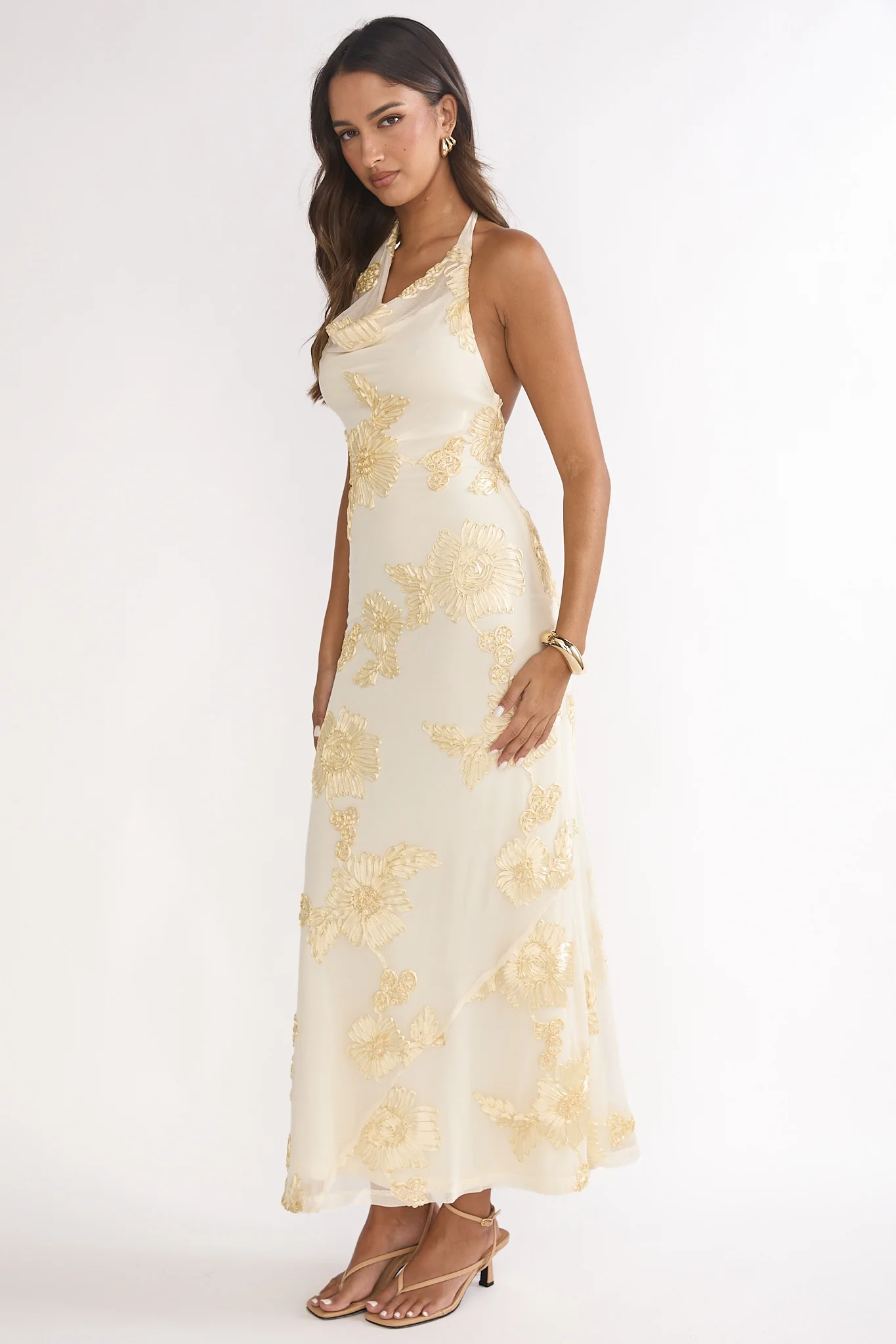 Kirralee Asymmetric Halterneck Embellished Maxi Dress Yellow - Image 6