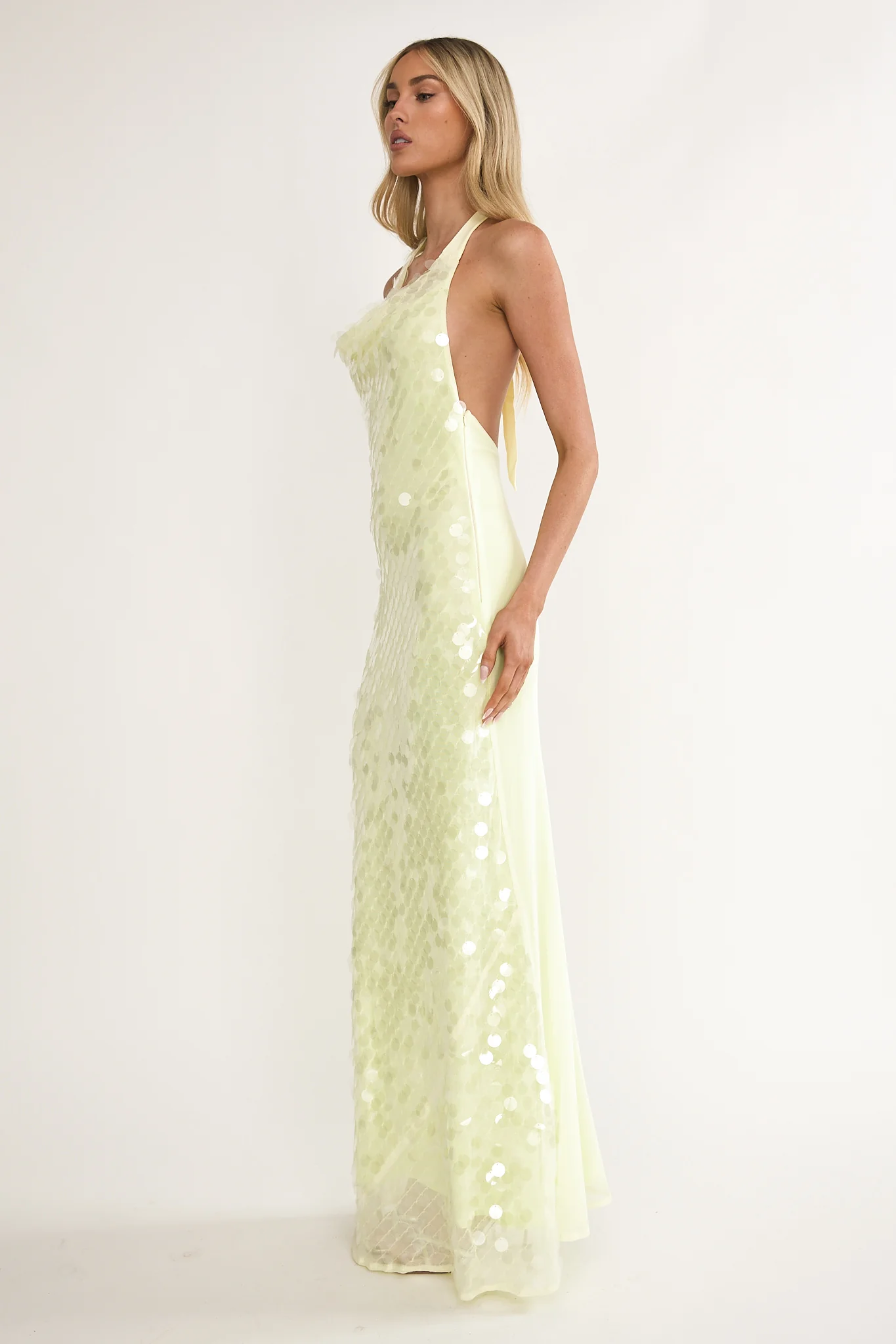 Kirralee Asymmetric Halterneck Sequin Maxi Dress Butter - Image 6