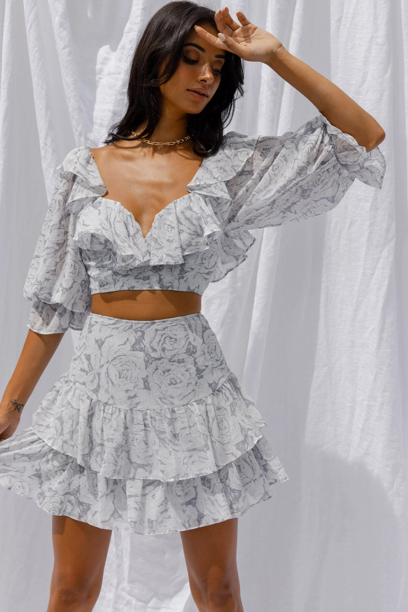 Kiss And Tell Double Layered Flounce Hem Skirt Rose Print Ink - Image 4
