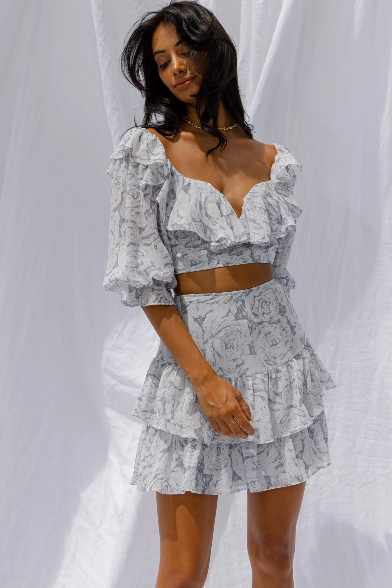 Kiss And Tell Double Layered Flounce Hem Skirt Rose Print Ink - Image 5
