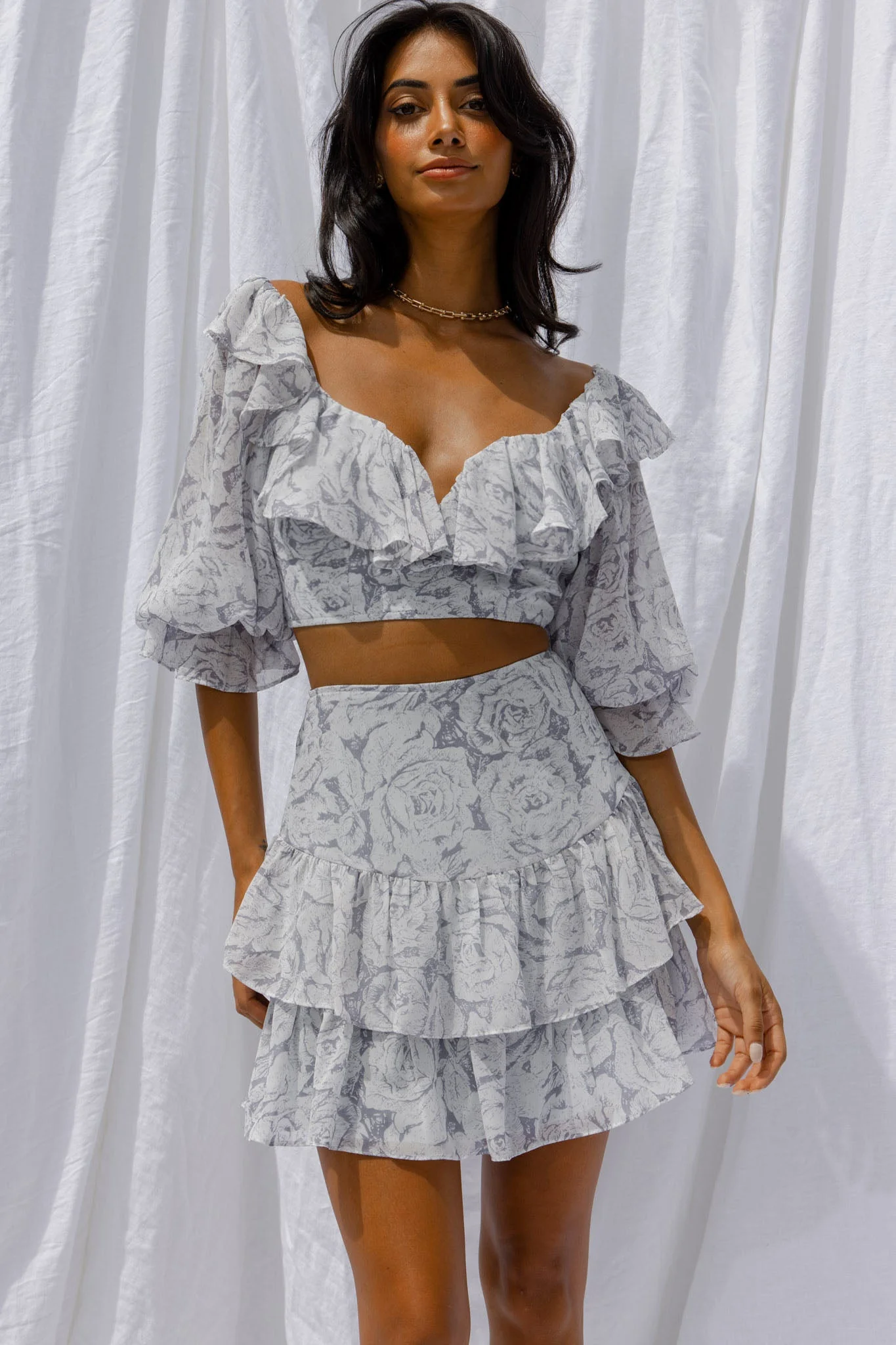 Kiss And Tell Double Layered Flounce Hem Skirt Rose Print Ink - Image 8