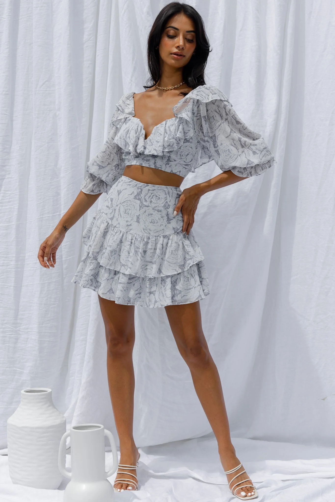 Kiss And Tell Ruffle Trim Balloon Sleeve Crop Top Rose Print Ink - Image 3