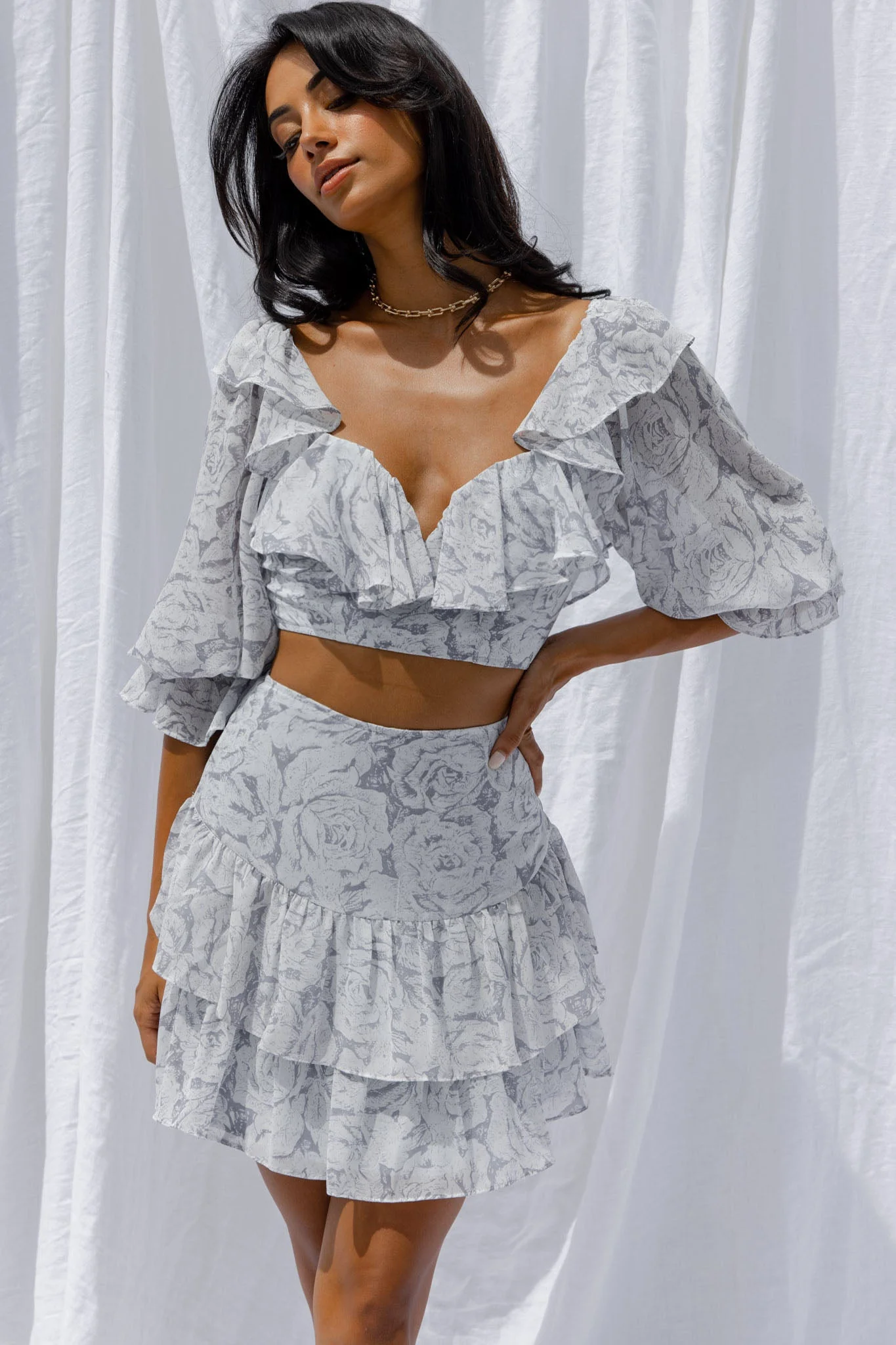 Kiss And Tell Ruffle Trim Balloon Sleeve Crop Top Rose Print Ink - Image 7