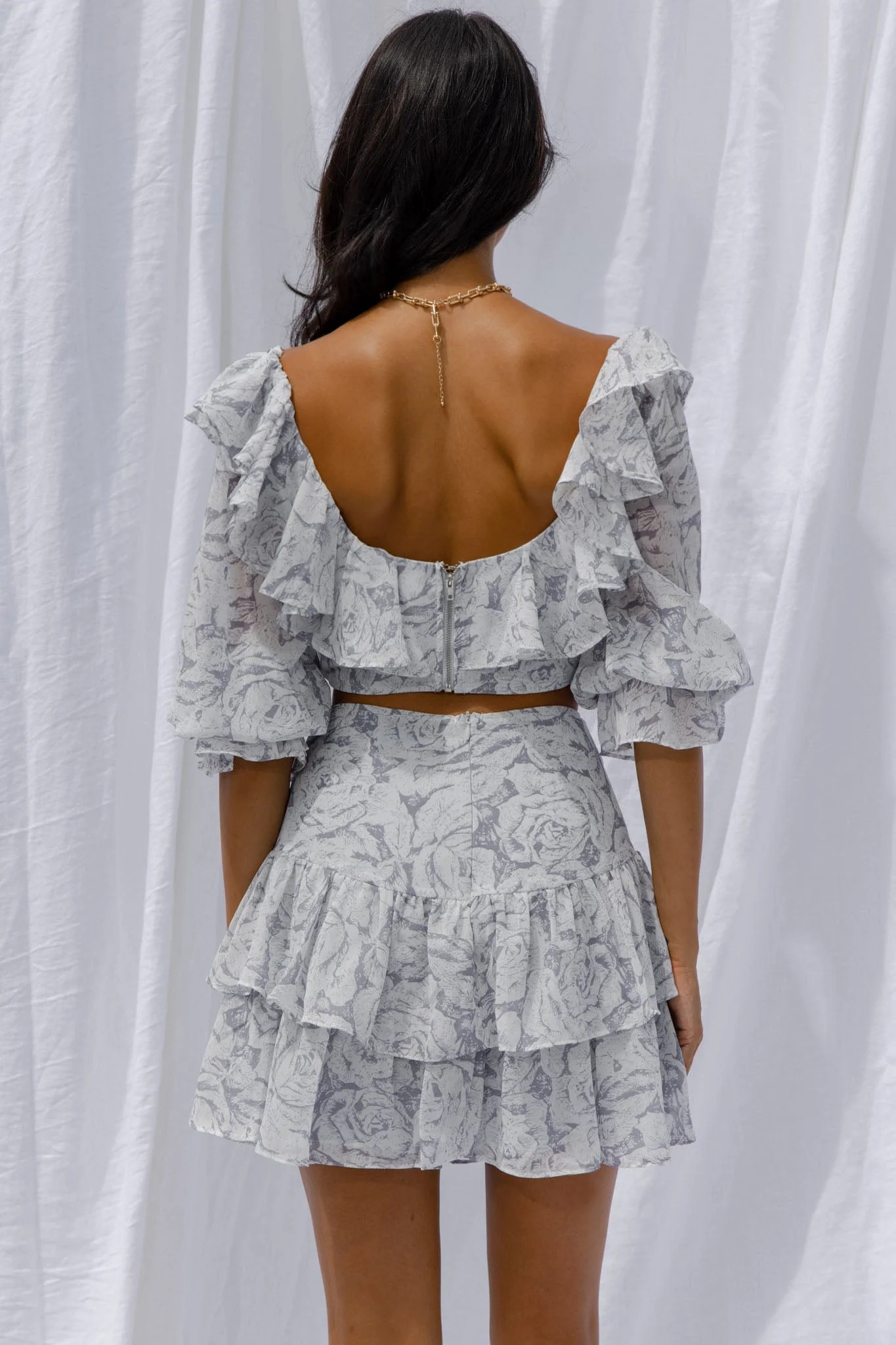 Kiss And Tell Ruffle Trim Balloon Sleeve Crop Top Rose Print Ink - Image 8