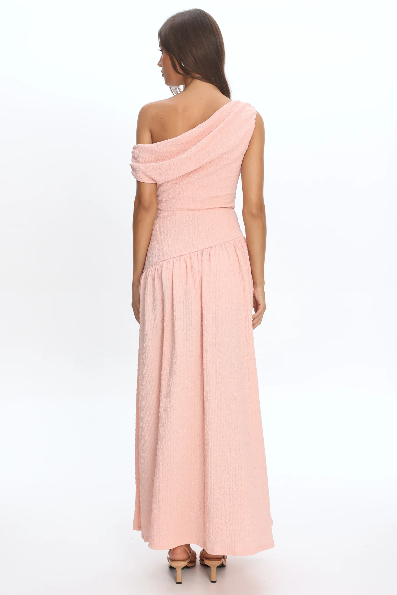 Kloe Asymmetric Shoulder Textured Maxi Dress Peach - Image 2