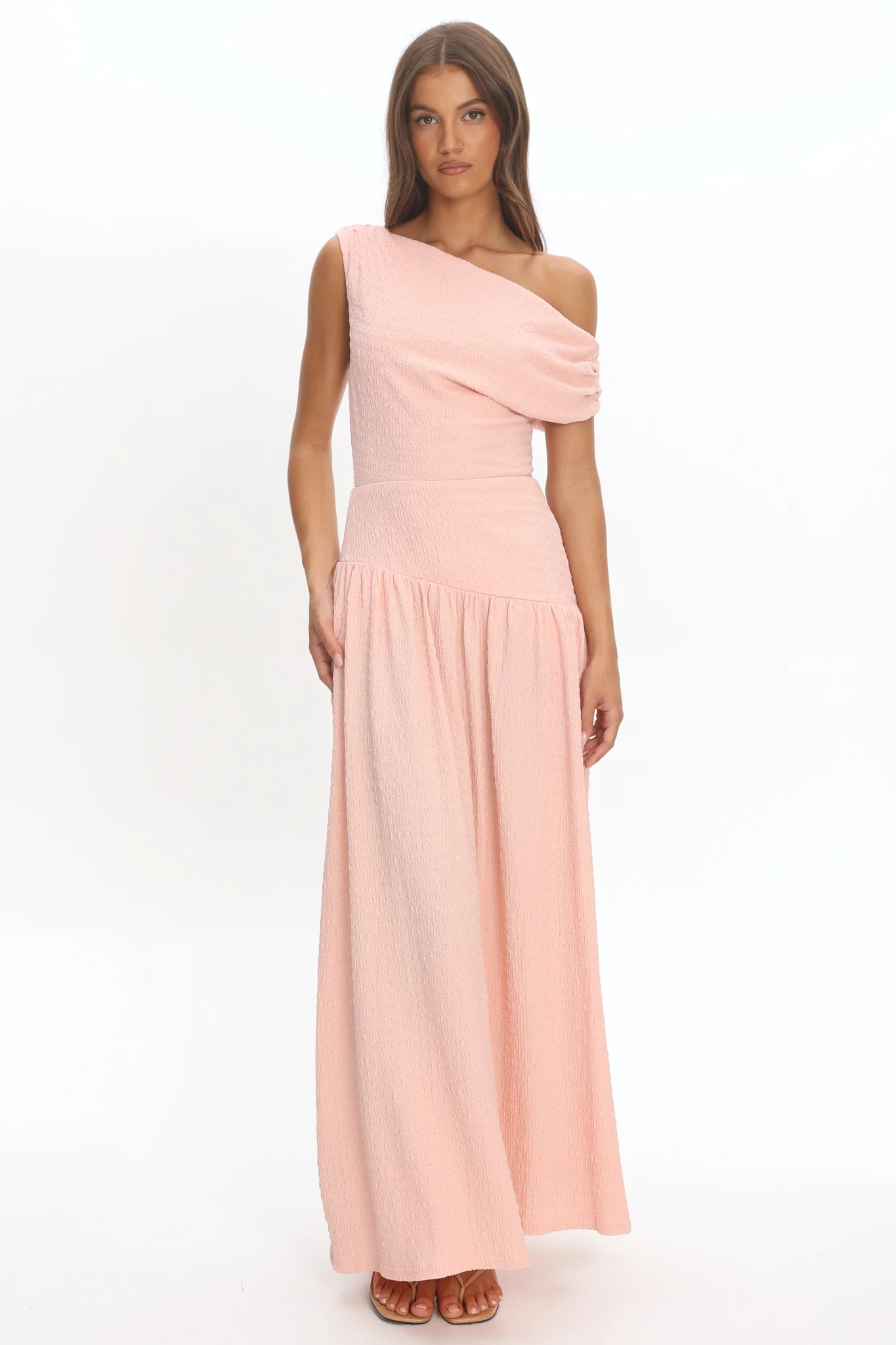Kloe Asymmetric Shoulder Textured Maxi Dress Peach - Image 4