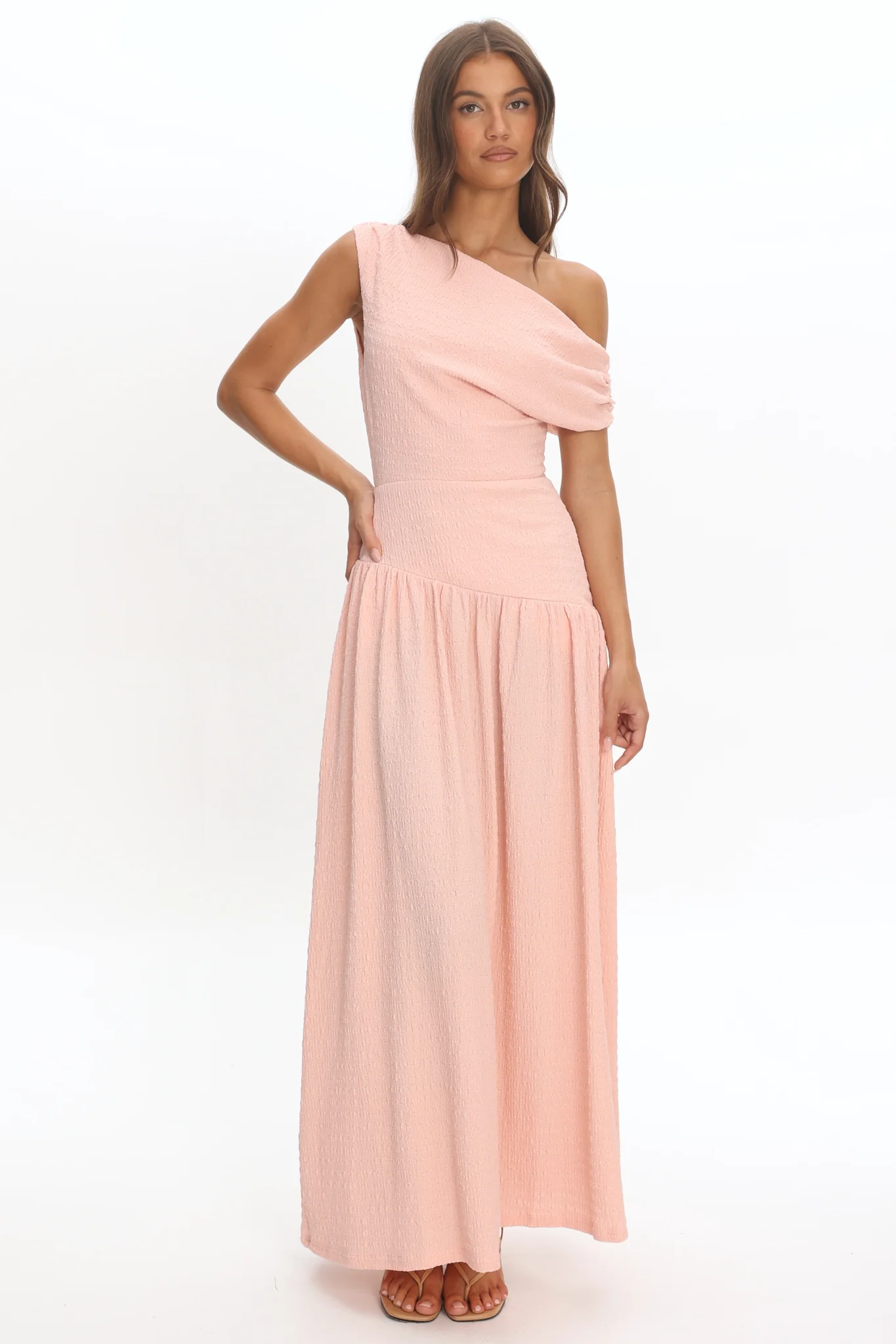 Kloe Asymmetric Shoulder Textured Maxi Dress Peach - Image 5