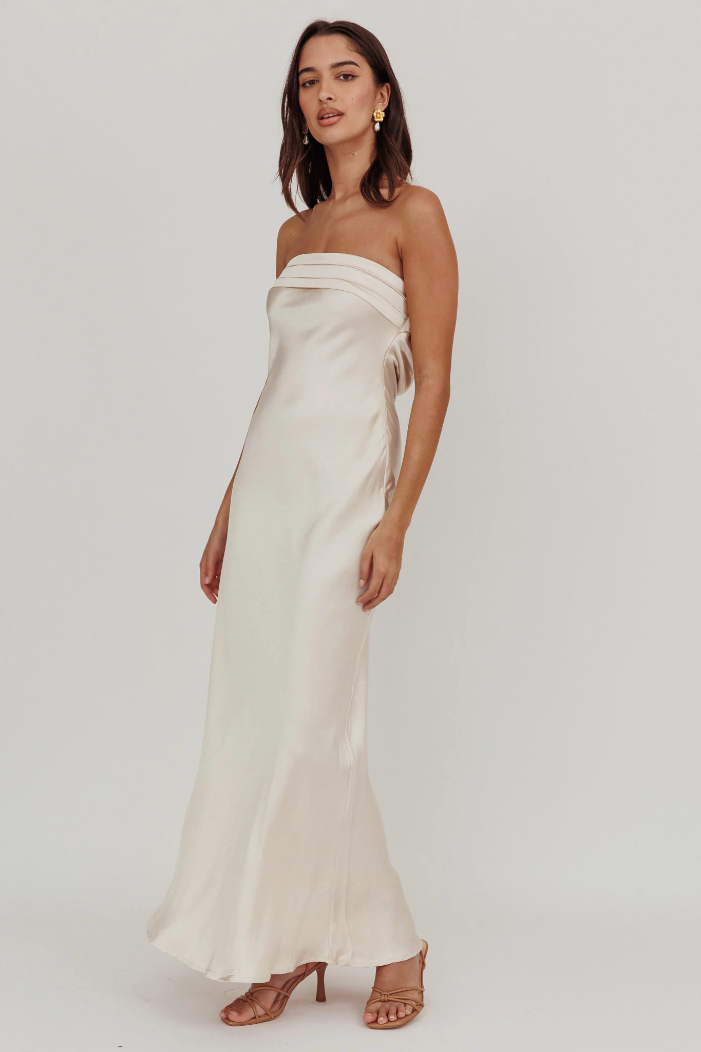 Kona Strapless Pleated Bust Satin Maxi Dress Champagne - Image 3