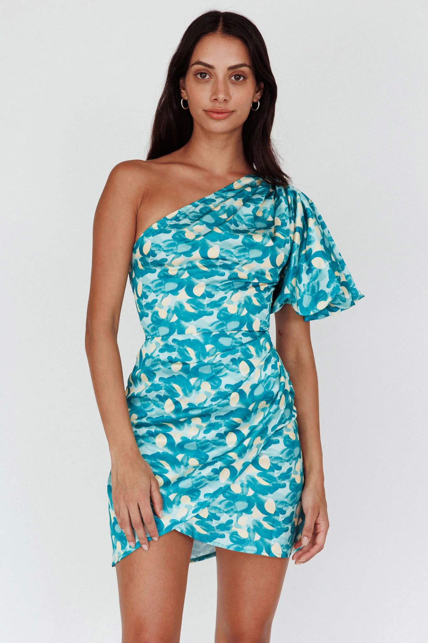 Krishna One-Shoulder Puff Sleeve Mini Dress Green - Image 5