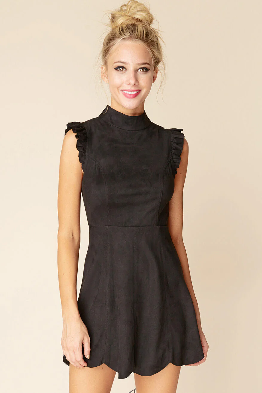 Kylie Ruffled Sleeve Suede Dress Black