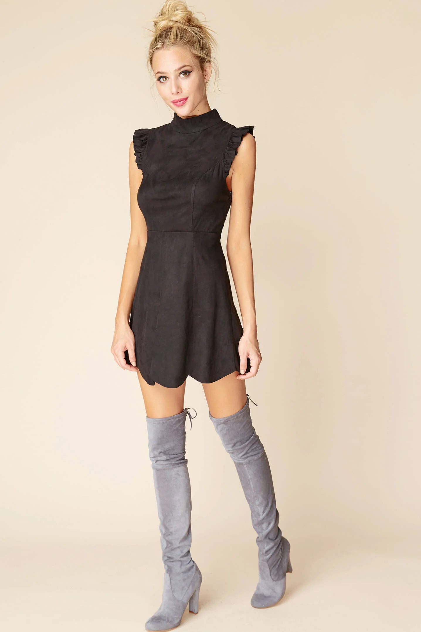 Kylie Ruffled Sleeve Suede Dress Black - Image 2