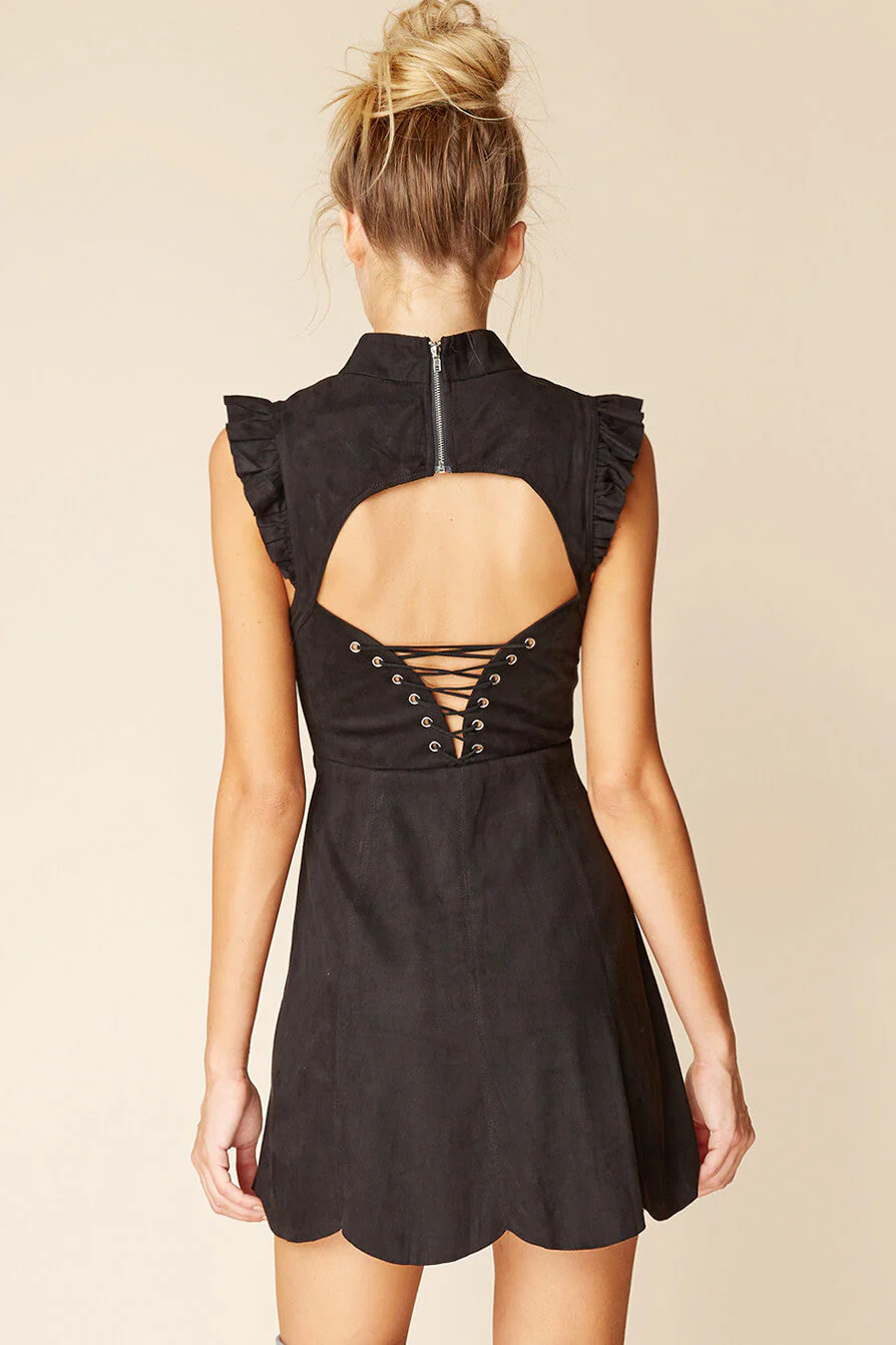 Kylie Ruffled Sleeve Suede Dress Black - Image 4