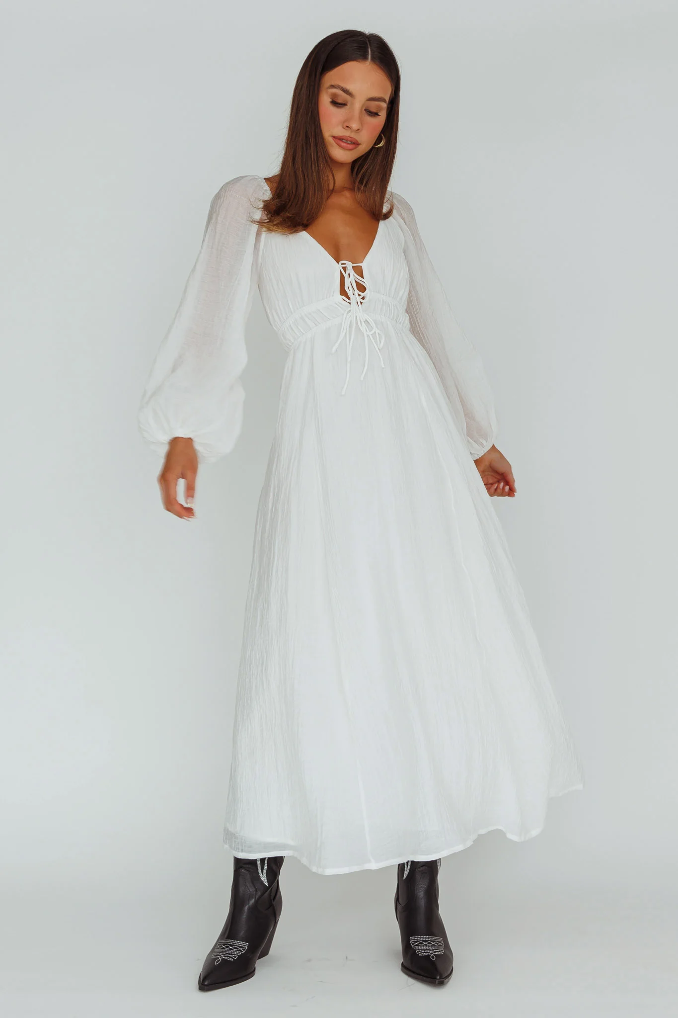 Kylin Balloon Sleeve Tied Bust Maxi Dress White - Image 3