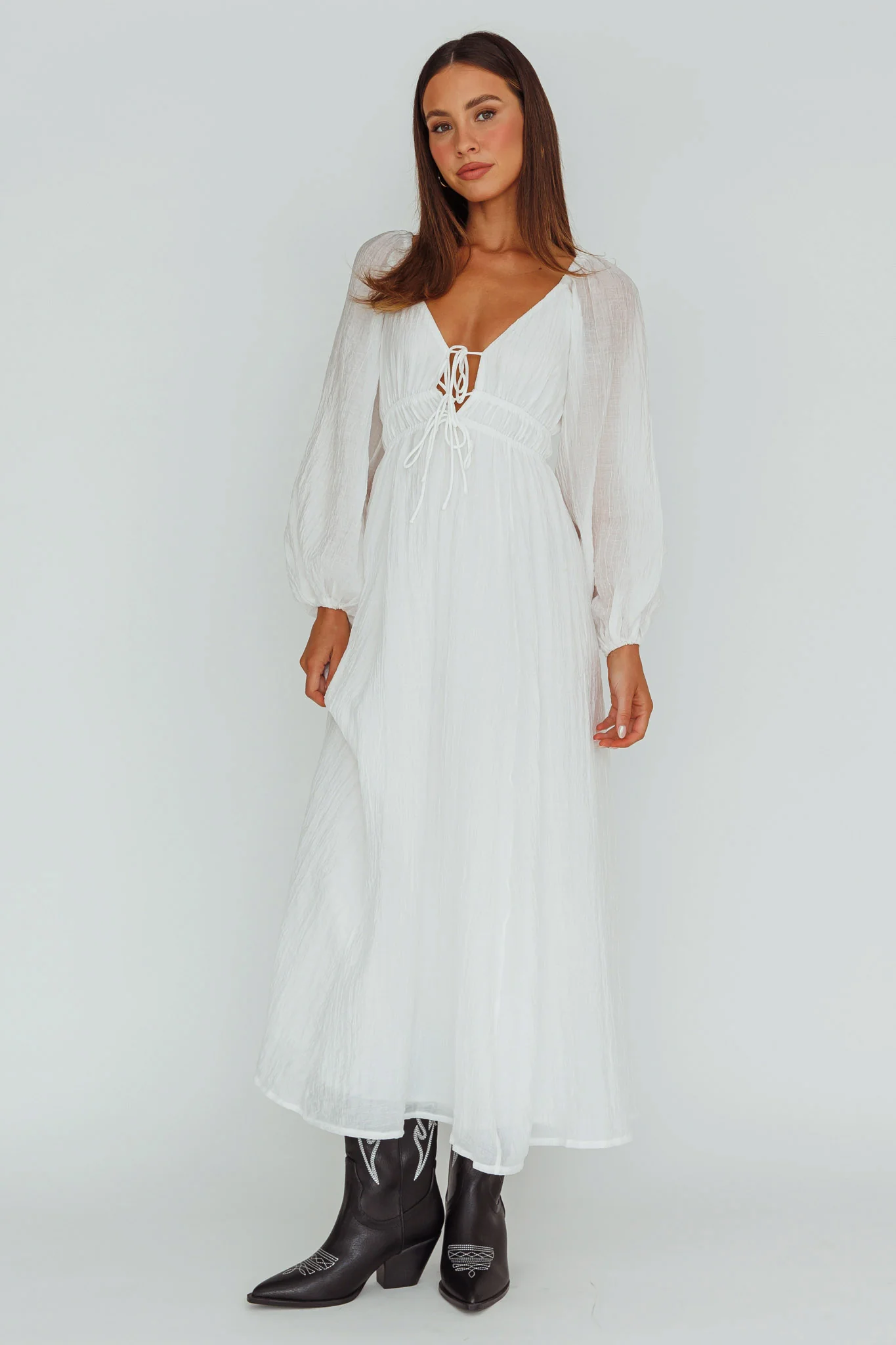 Kylin Balloon Sleeve Tied Bust Maxi Dress White - Image 5