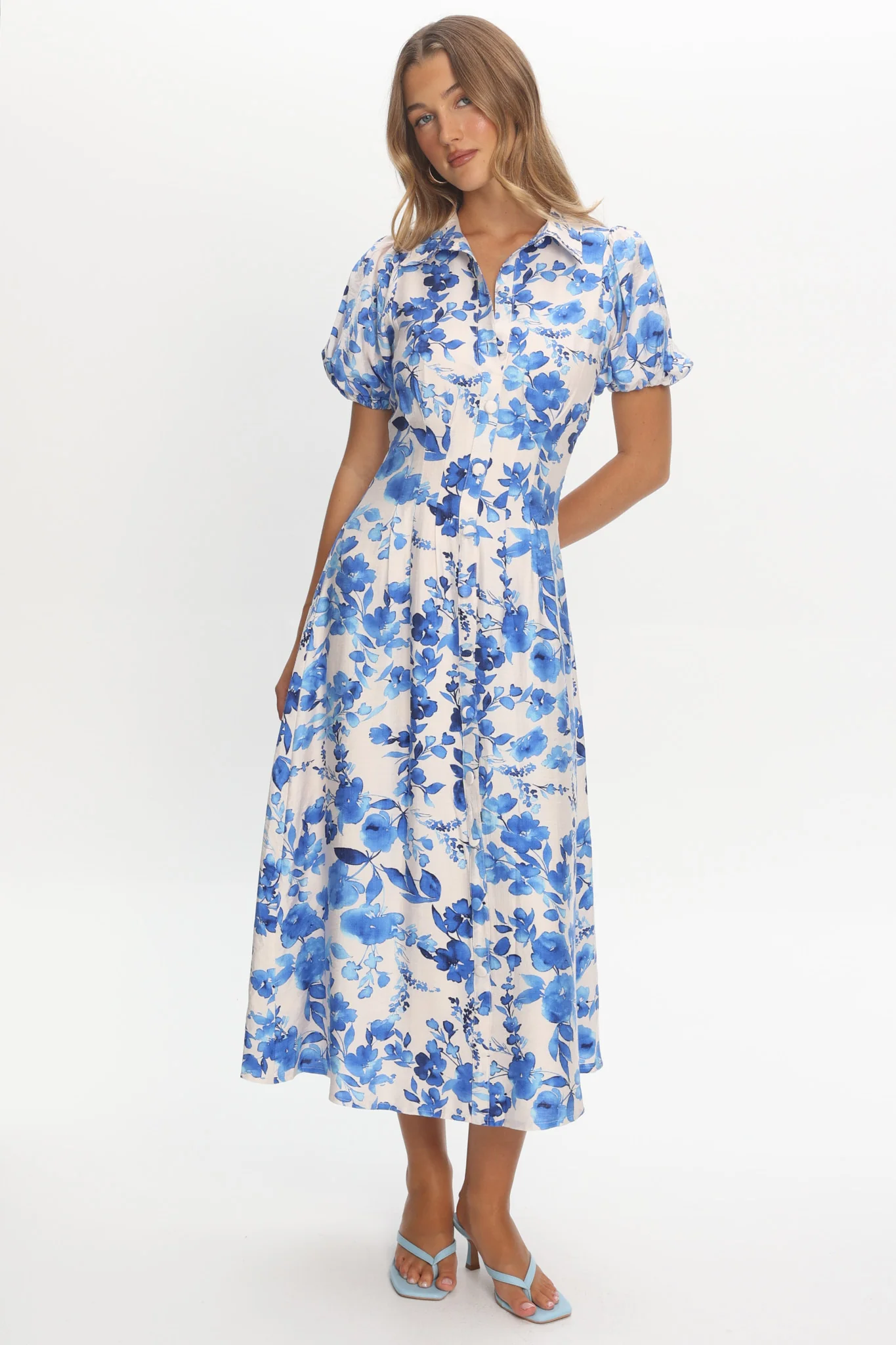 Kyrah Puff Sleeve Midi Dress Floral White - Image 4