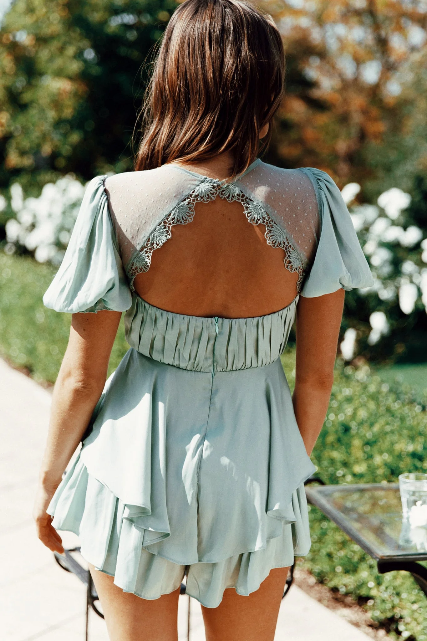 L'amour Lace Mesh Bust Puff Sleeve Romper Pistachio - Image 2