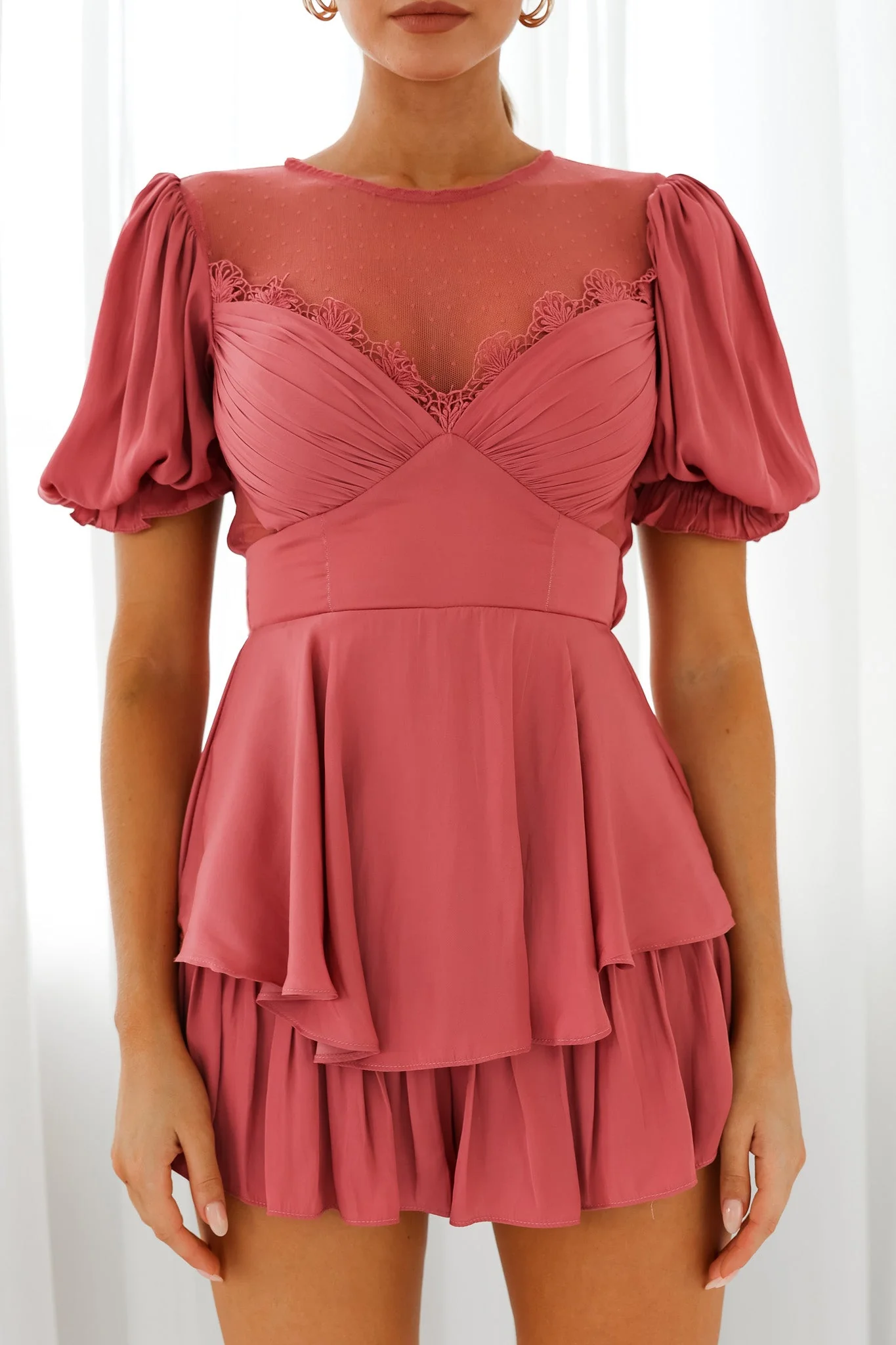 L'amour Lace Mesh Bust Puff Sleeve Romper Rose - Image 4