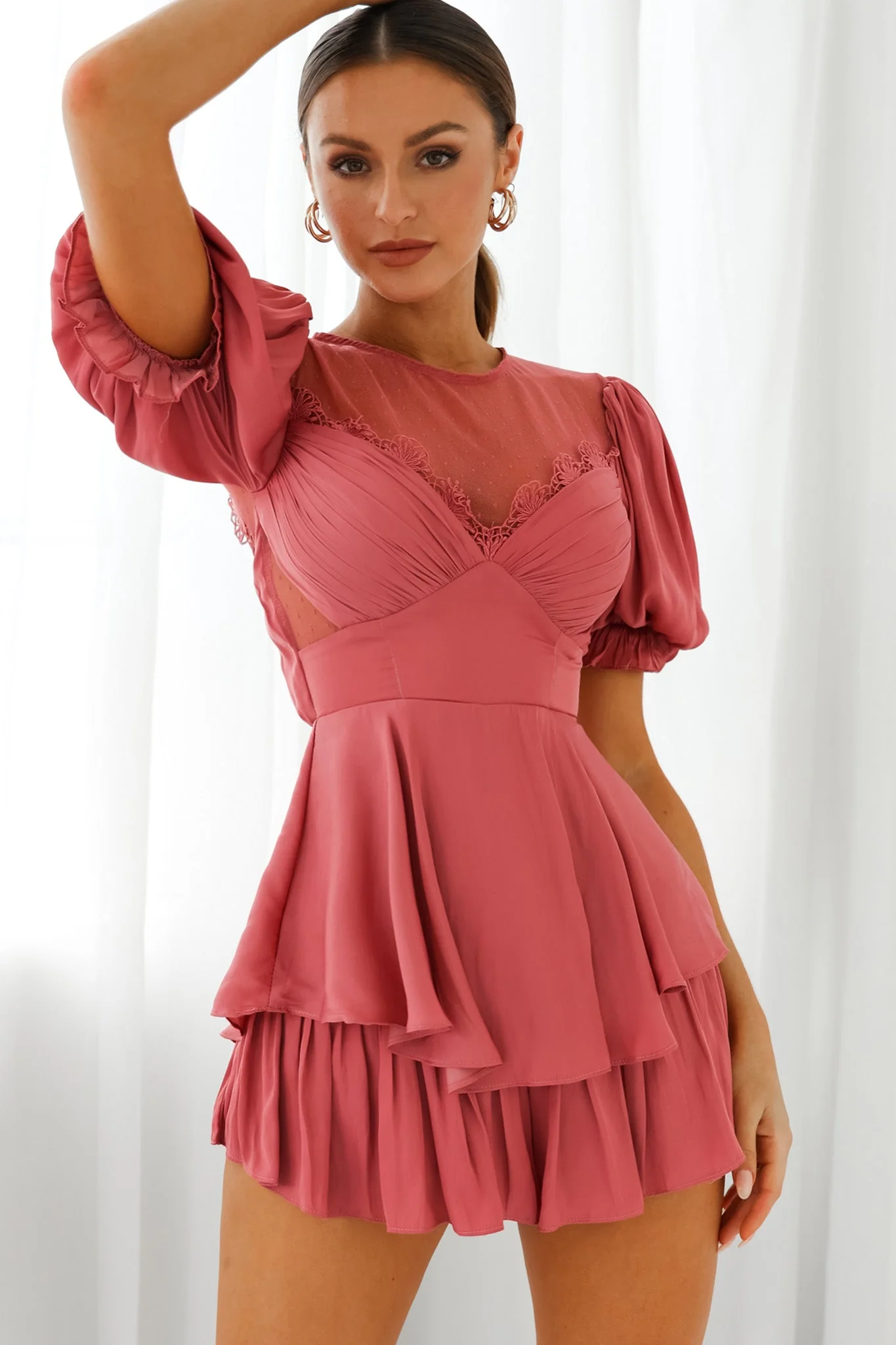 L'amour Lace Mesh Bust Puff Sleeve Romper Rose - Image 8