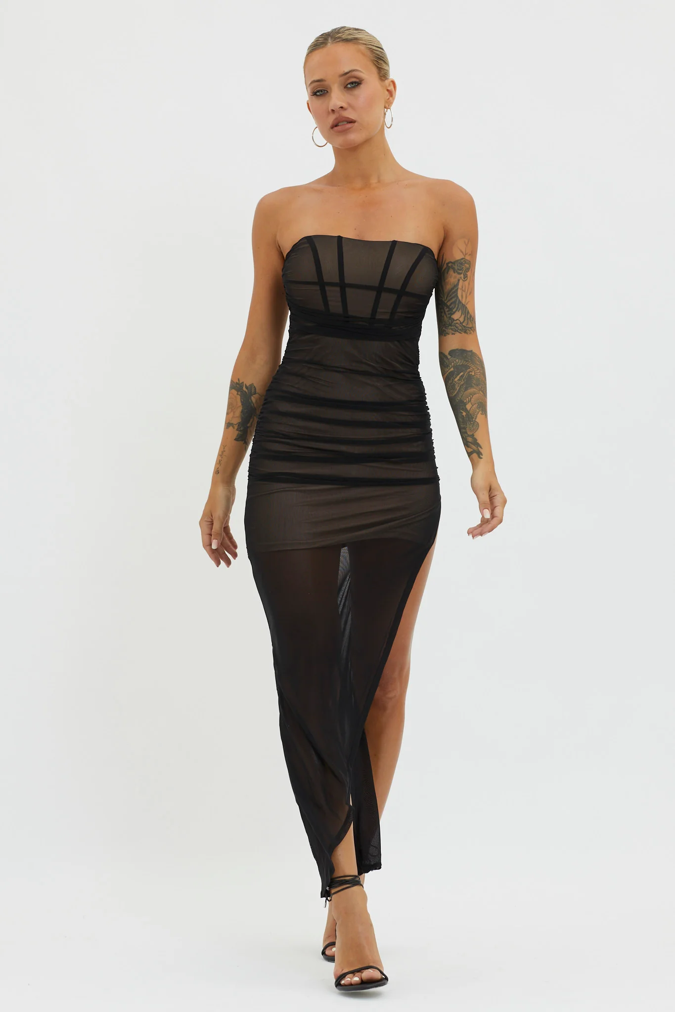 LA Nights Strapless Sheer Midi Dress Black/Nude - Image 5