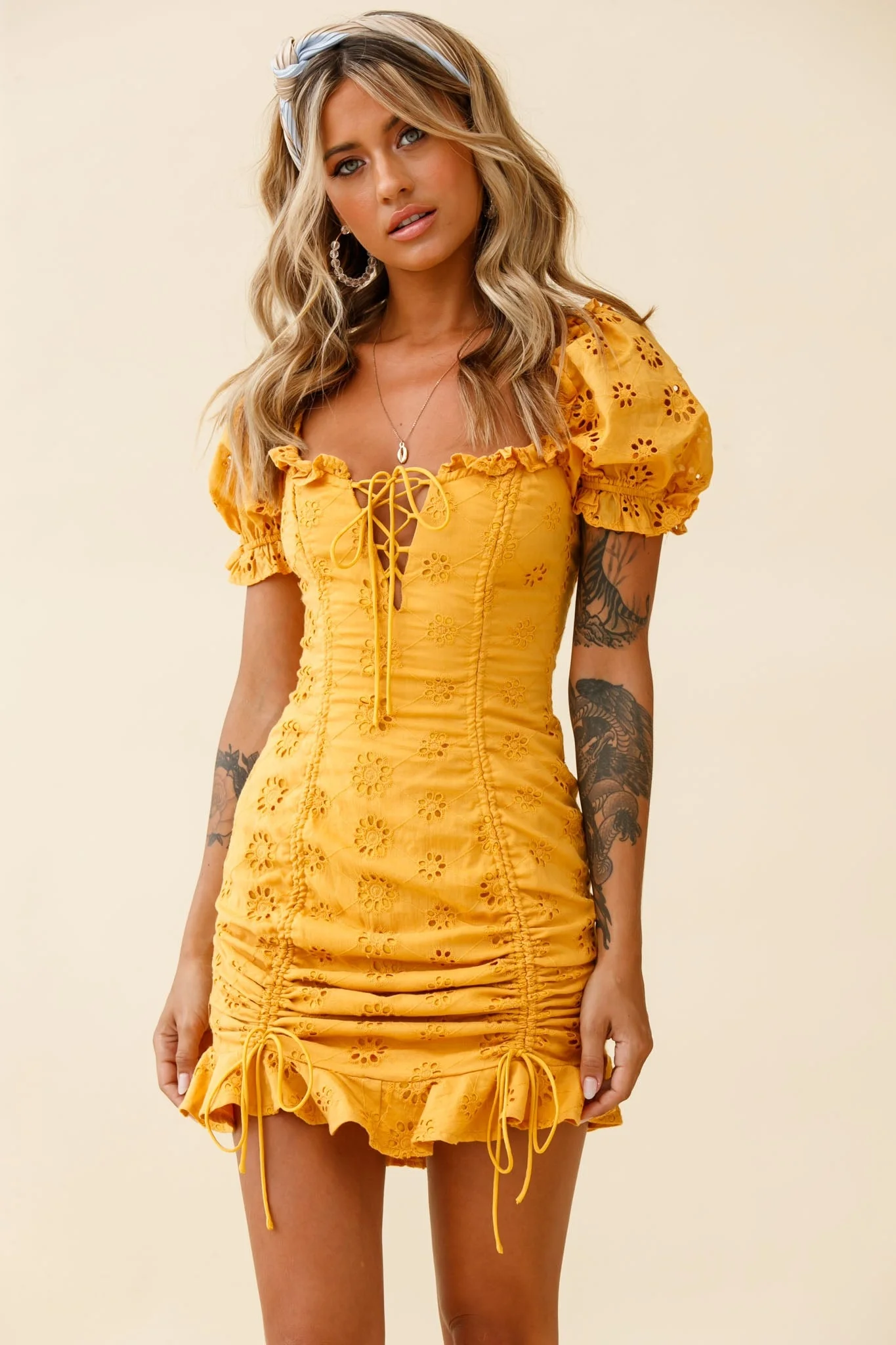 La Quinta Lace-Up Bust Drawstring Detail Anglaise Dress Yellow - Image 7