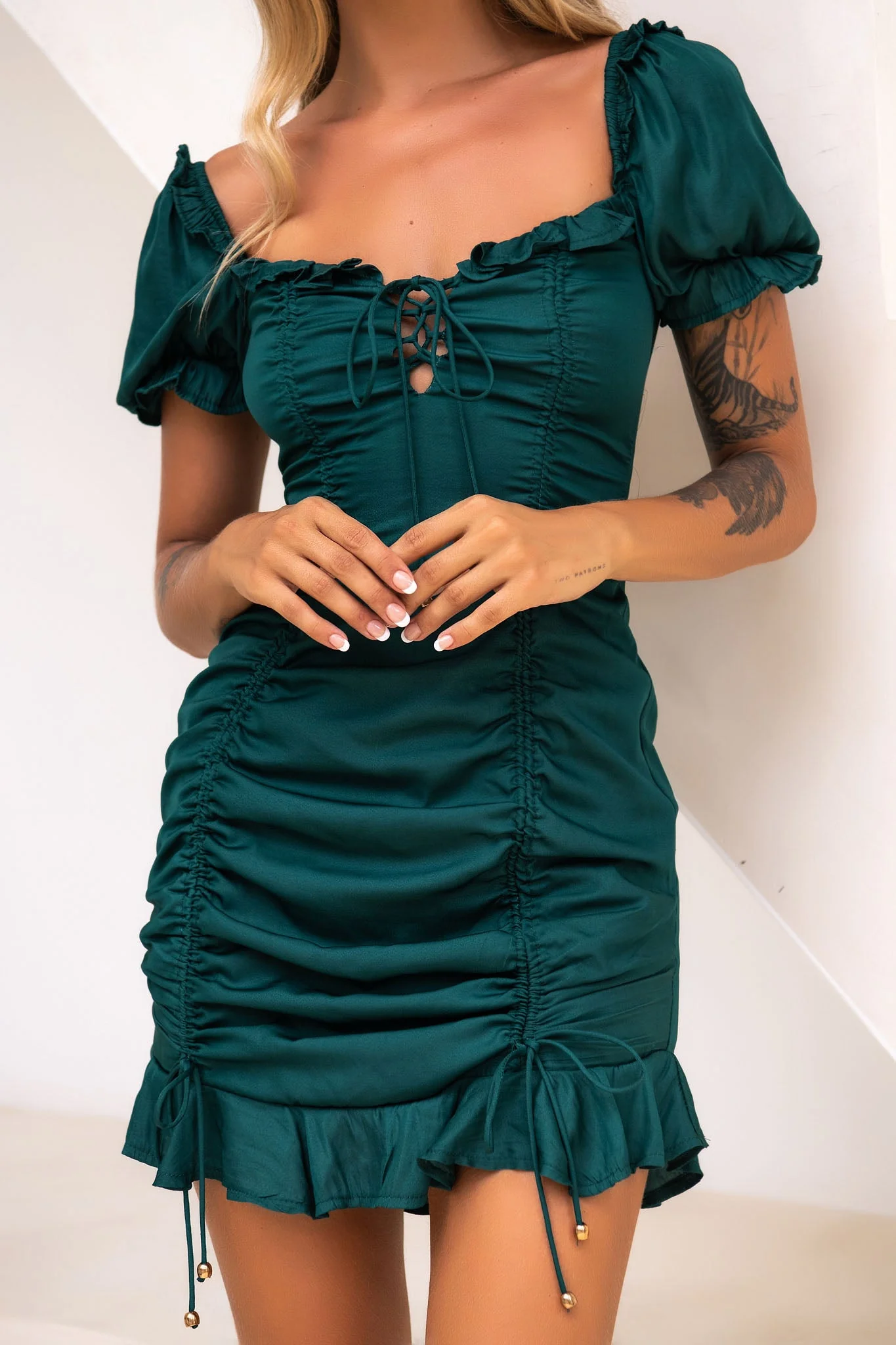 La Quinta Lace-Up Bust Drawstring Detail Dress Forest Green - Image 4
