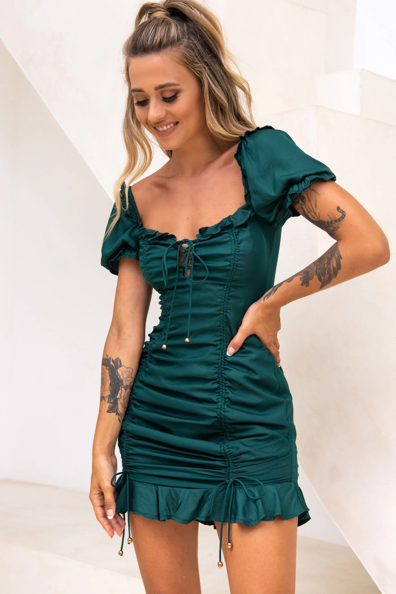 La Quinta Lace-Up Bust Drawstring Detail Dress Forest Green - Image 5