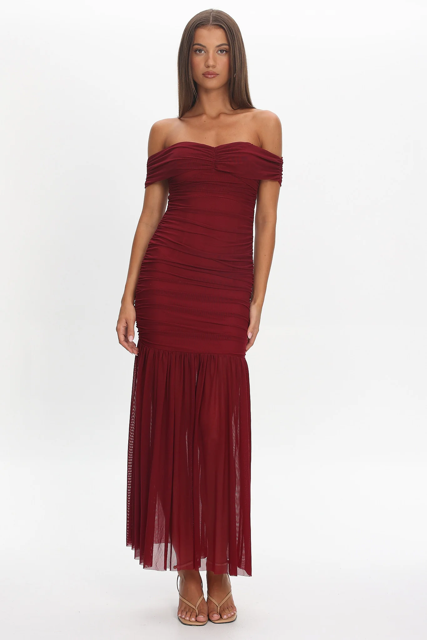La Salle Off Shoulder Mesh Maxi Dress Wine - Image 2