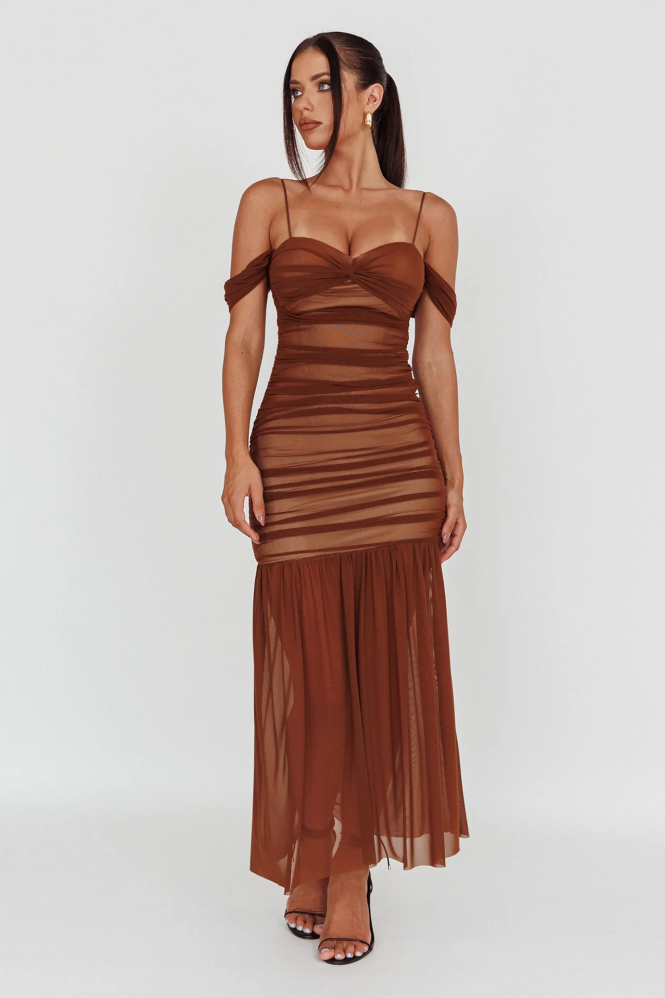 La Salle Ruched Mesh Maxi Dress Chocolate - Image 6