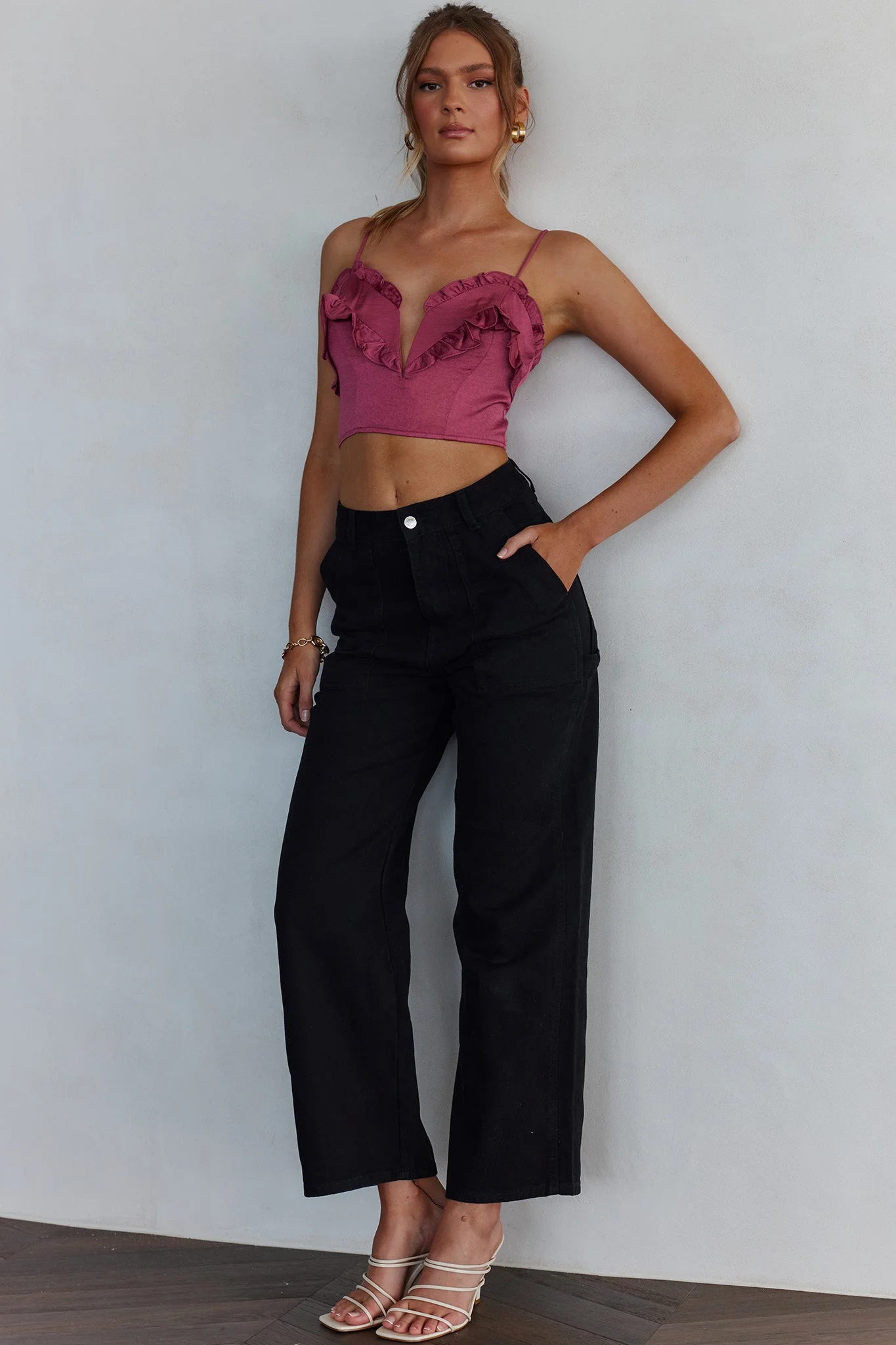 La Seine V-Neckline Frill Trim Crop Top Antique Rose - Image 3