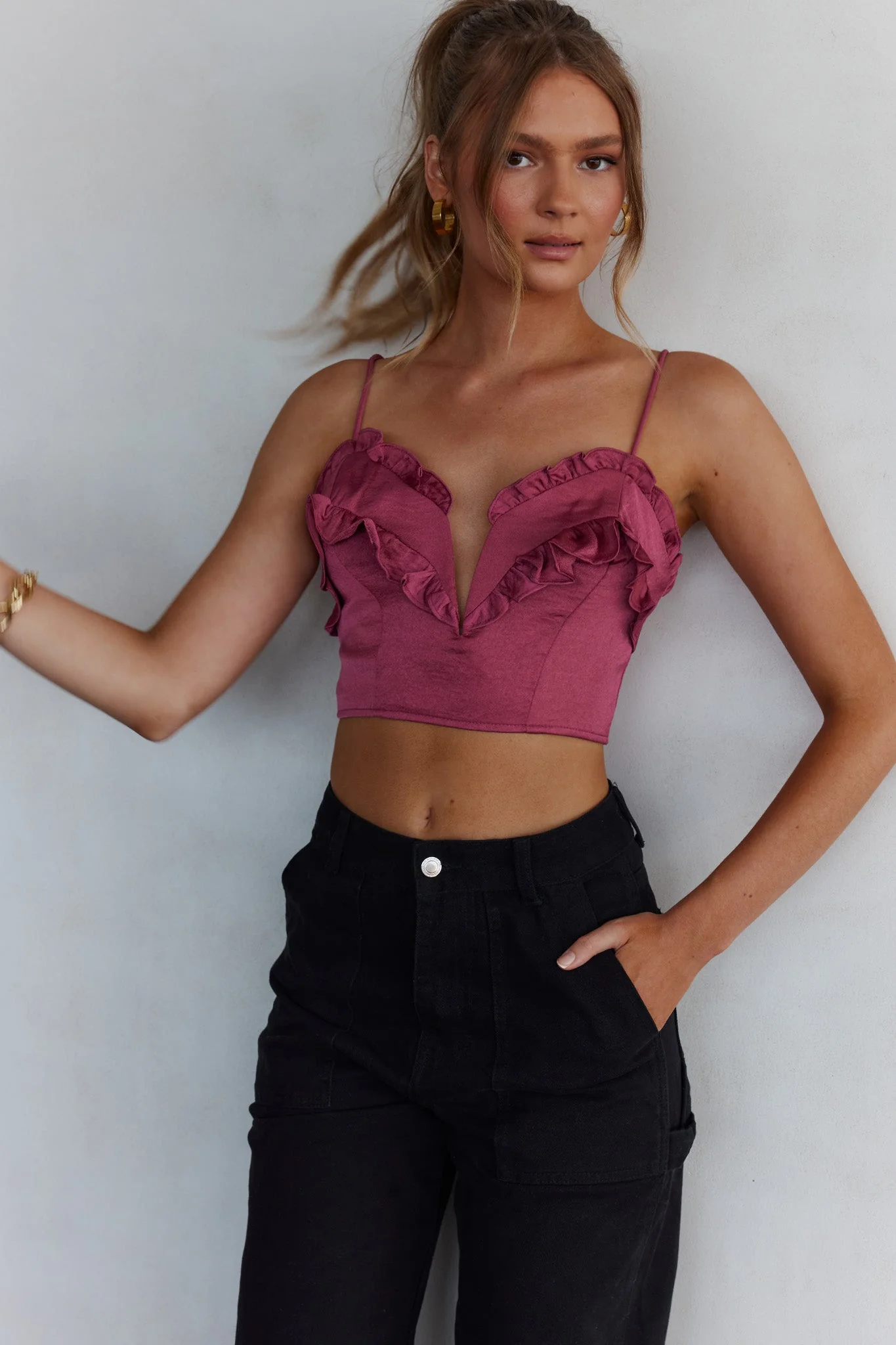 La Seine V-Neckline Frill Trim Crop Top Antique Rose - Image 6