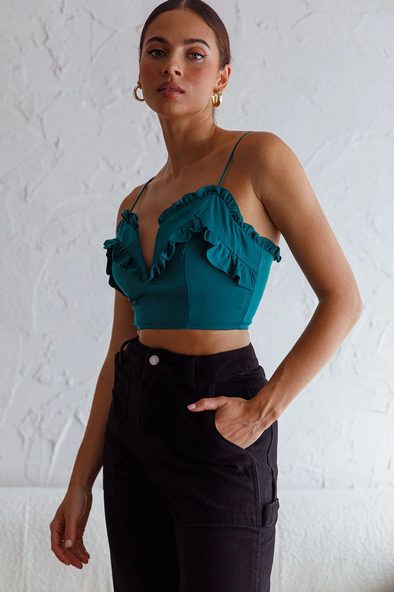 La Seine V-Neckline Frill Trim Crop Top Forest Green - Image 3