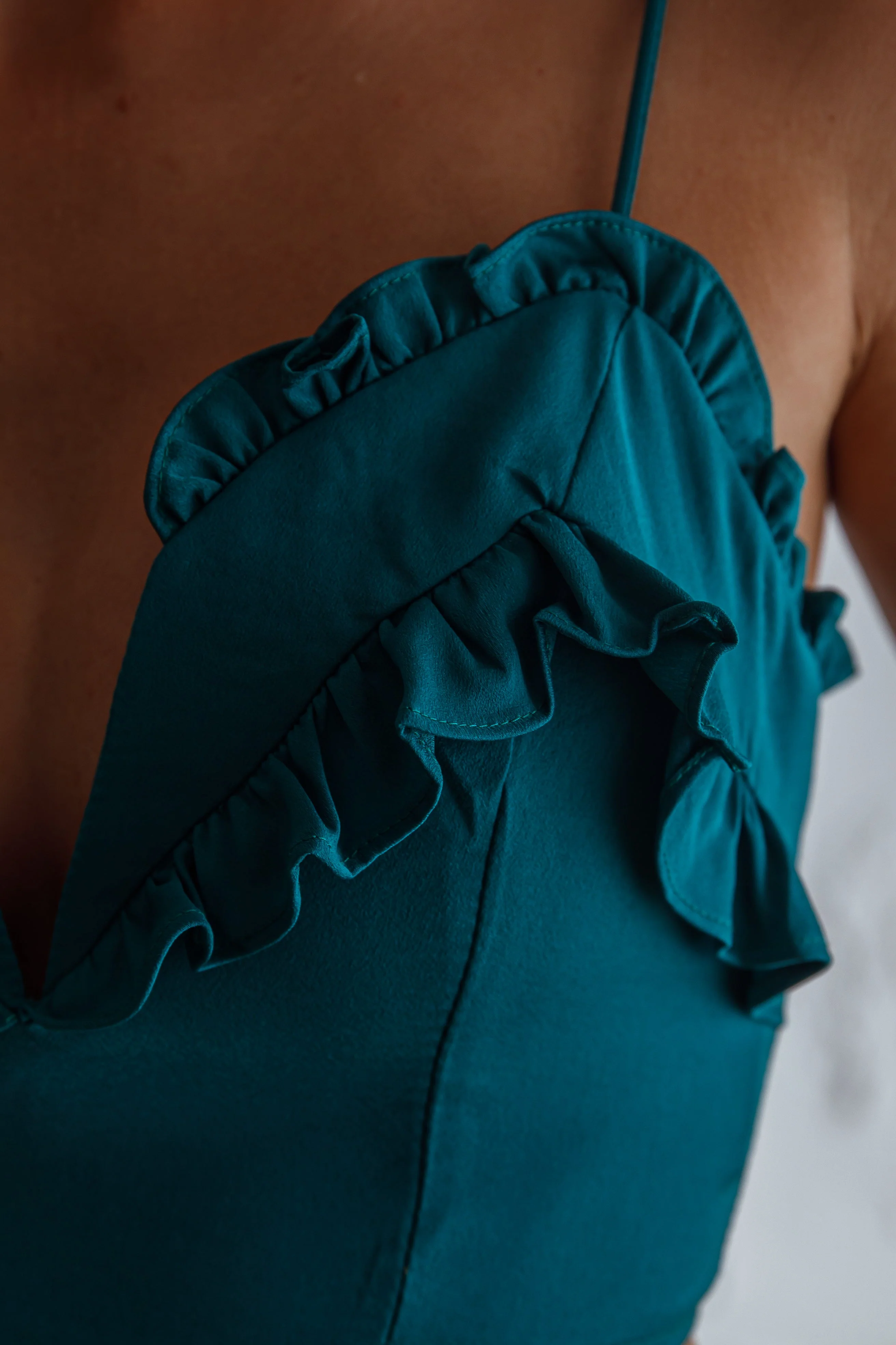La Seine V-Neckline Frill Trim Crop Top Forest Green - Image 4
