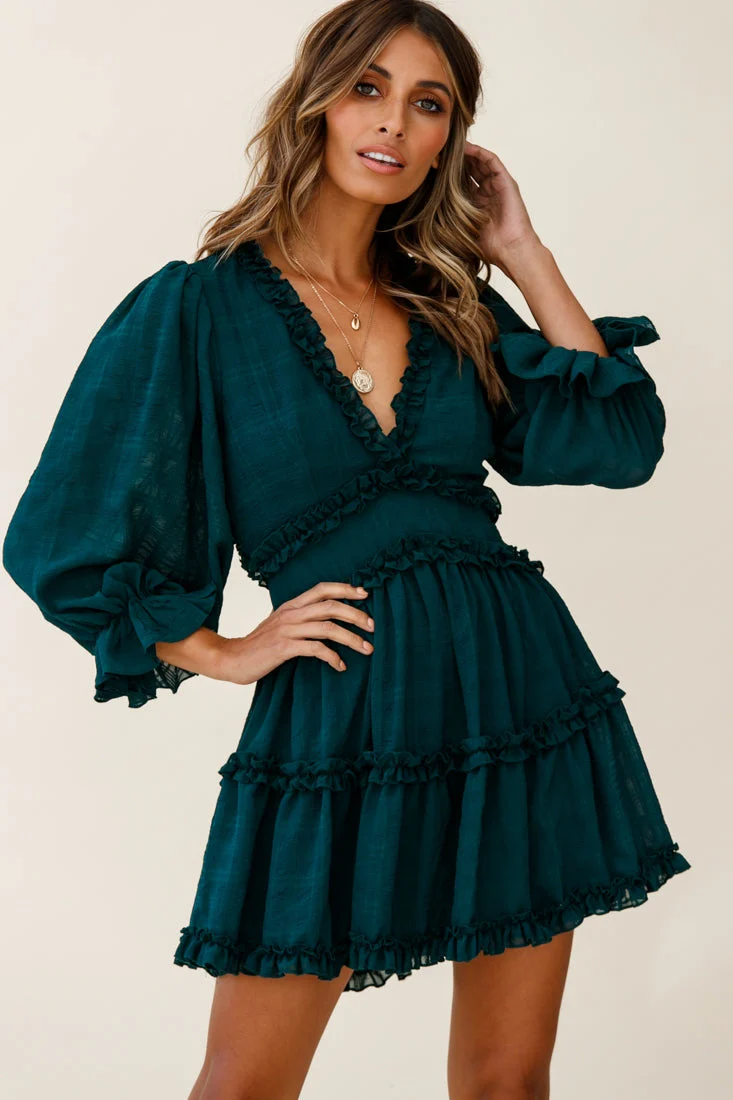 Laney Cutout Back Balloon Sleeve Dress Forest Green - Image 8