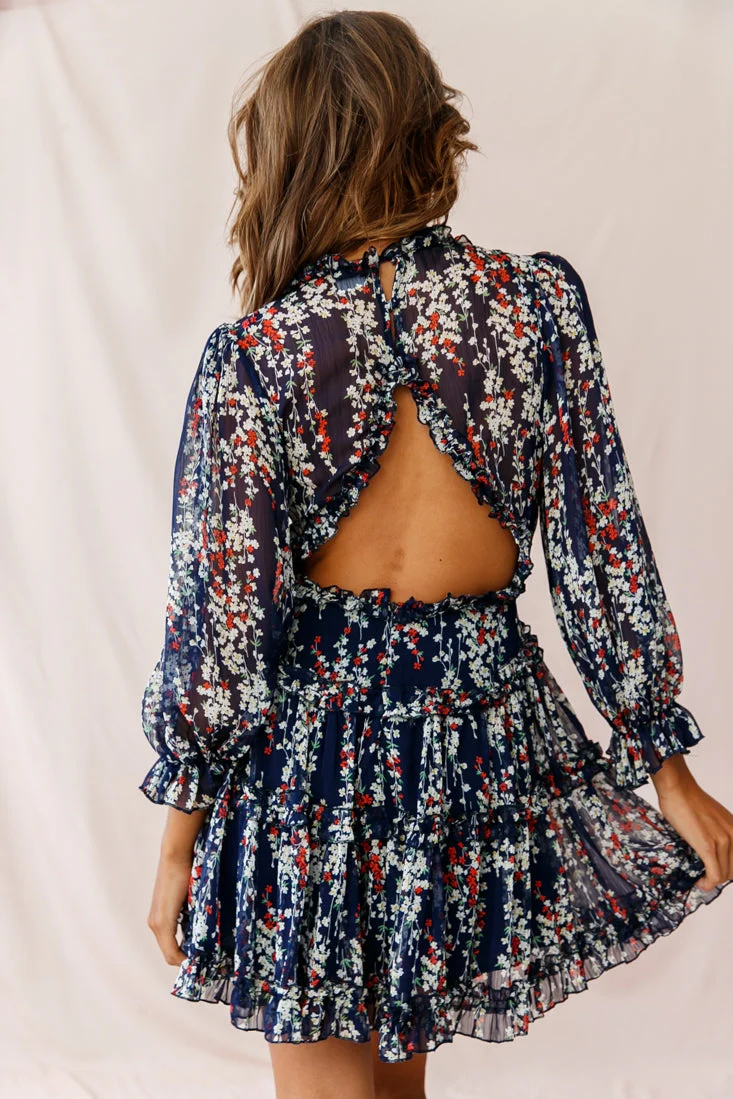 Laney Cutout Back Ruffle Detail Floral Dress Navy - Image 10