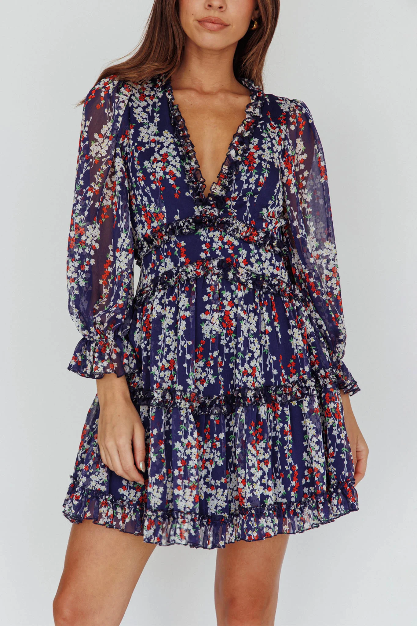 Laney Cutout Back Ruffle Detail Floral Dress Navy - Image 3