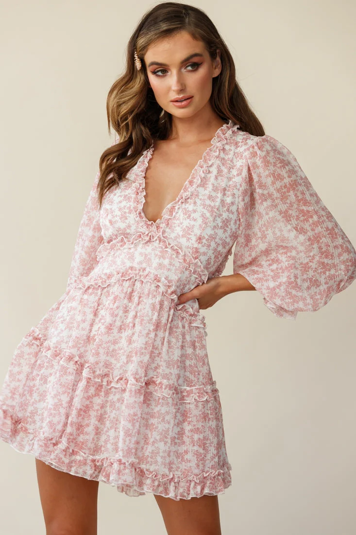 Laney Cutout Back Ruffle Trim Dress Floral Print Blush - Image 2
