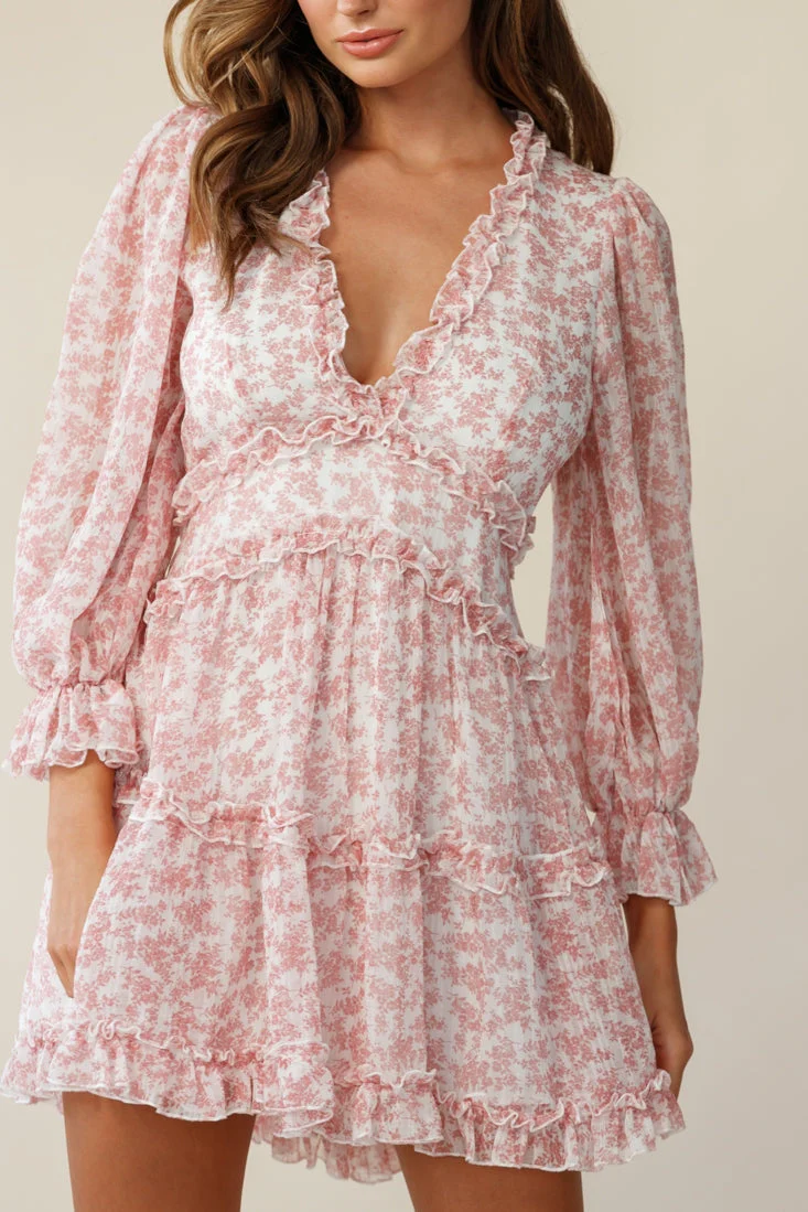Laney Cutout Back Ruffle Trim Dress Floral Print Blush - Image 3