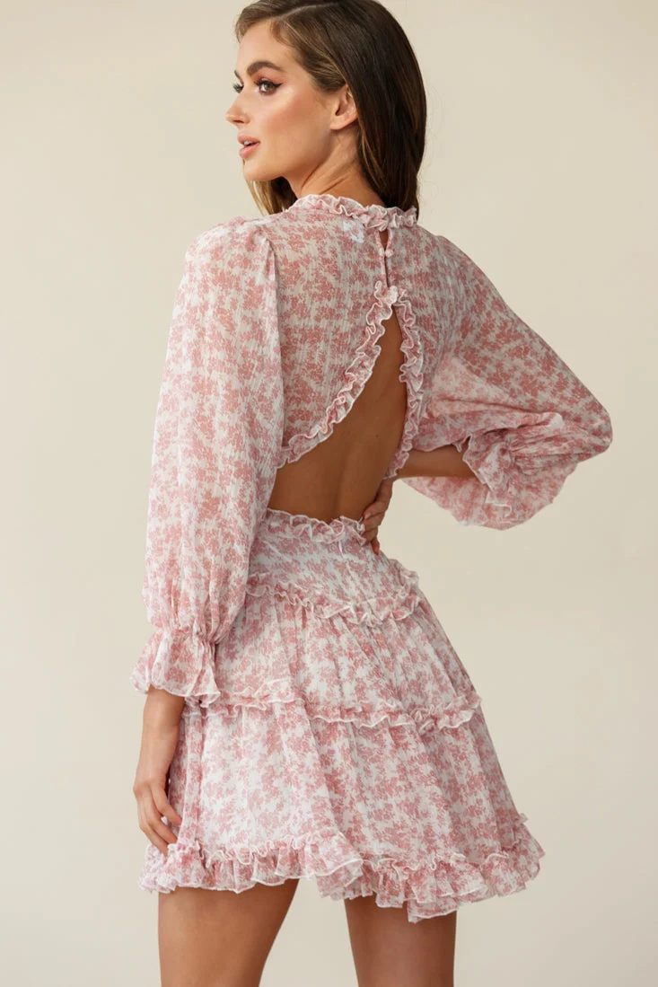 Laney Cutout Back Ruffle Trim Dress Floral Print Blush - Image 4
