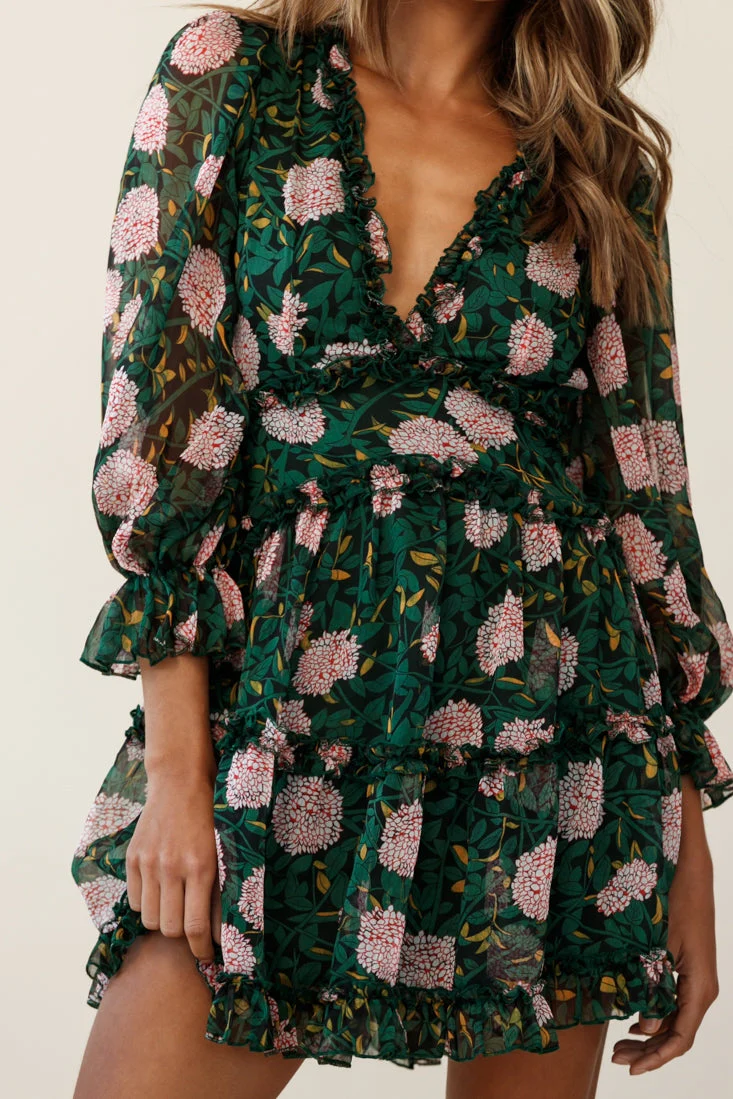 Laney Cutout Back Ruffle Trim Dress Floral Print Green - Image 4