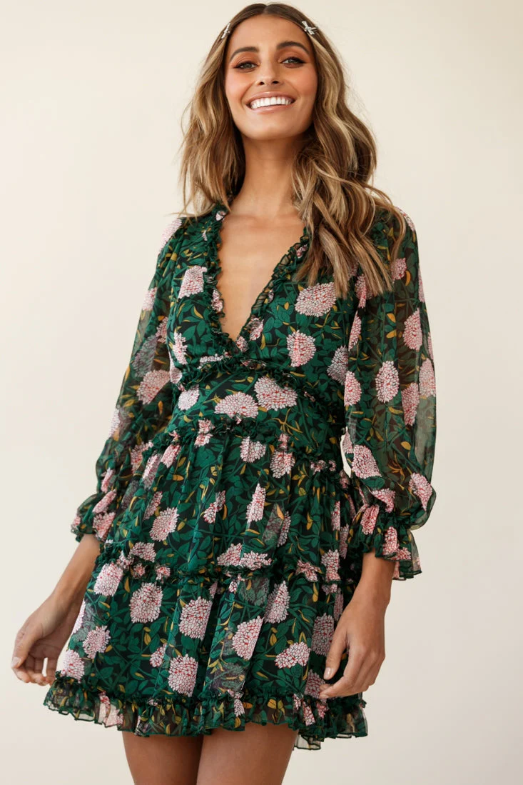 Laney Cutout Back Ruffle Trim Dress Floral Print Green - Image 5
