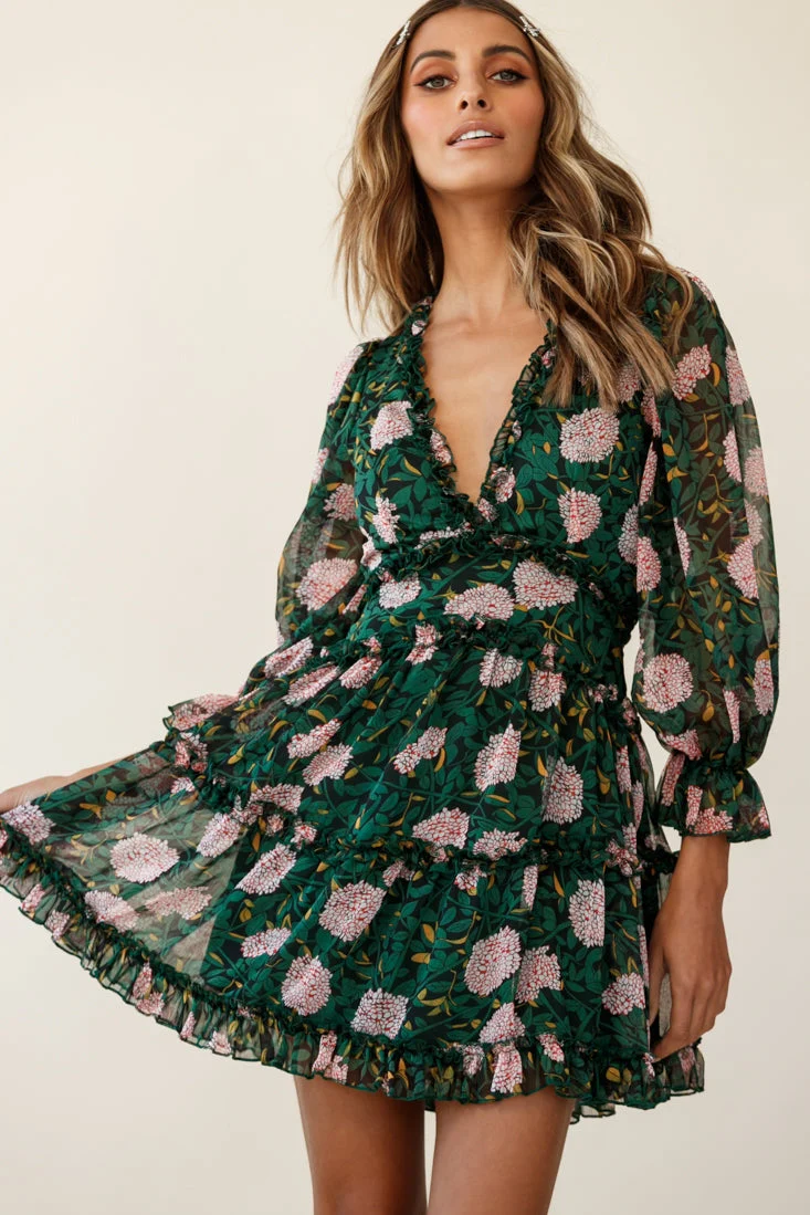 Laney Cutout Back Ruffle Trim Dress Floral Print Green - Image 6