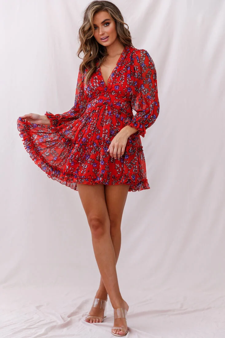 Laney Cutout Back Ruffle Trim Dress Red Floral - Image 2