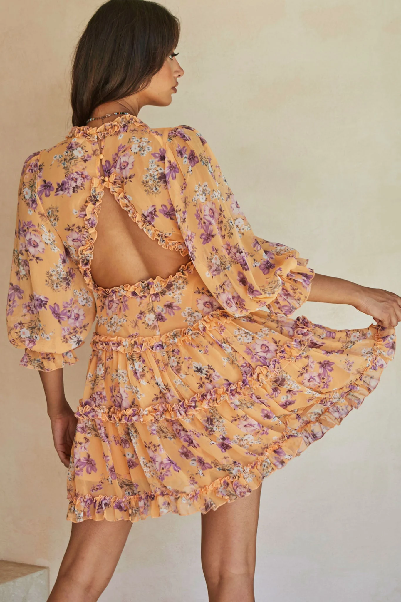 Laney Cutout Back Ruffle Trim Dress Vintage Floral Print Apricot - Image 3