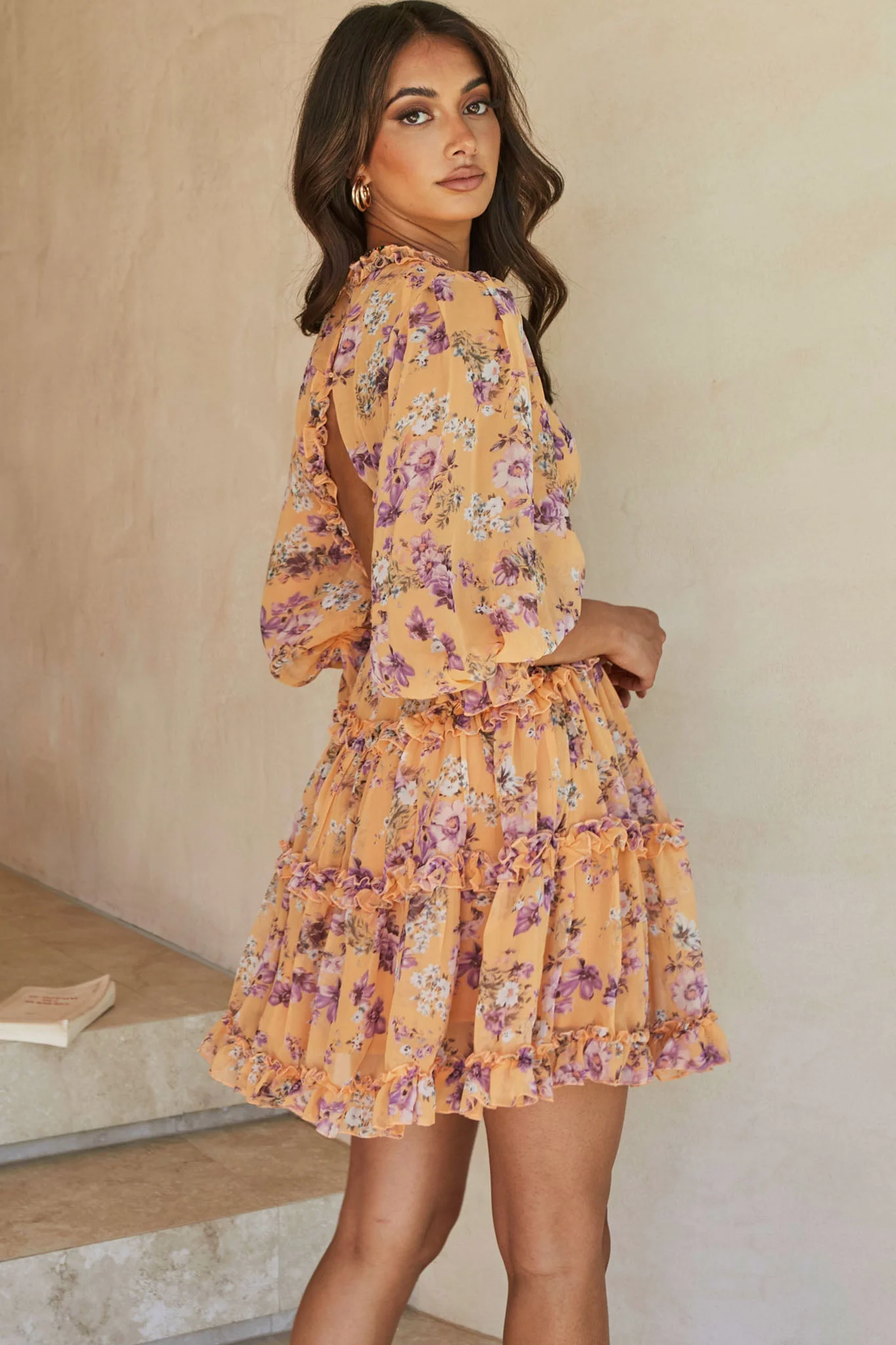 Laney Cutout Back Ruffle Trim Dress Vintage Floral Print Apricot - Image 5