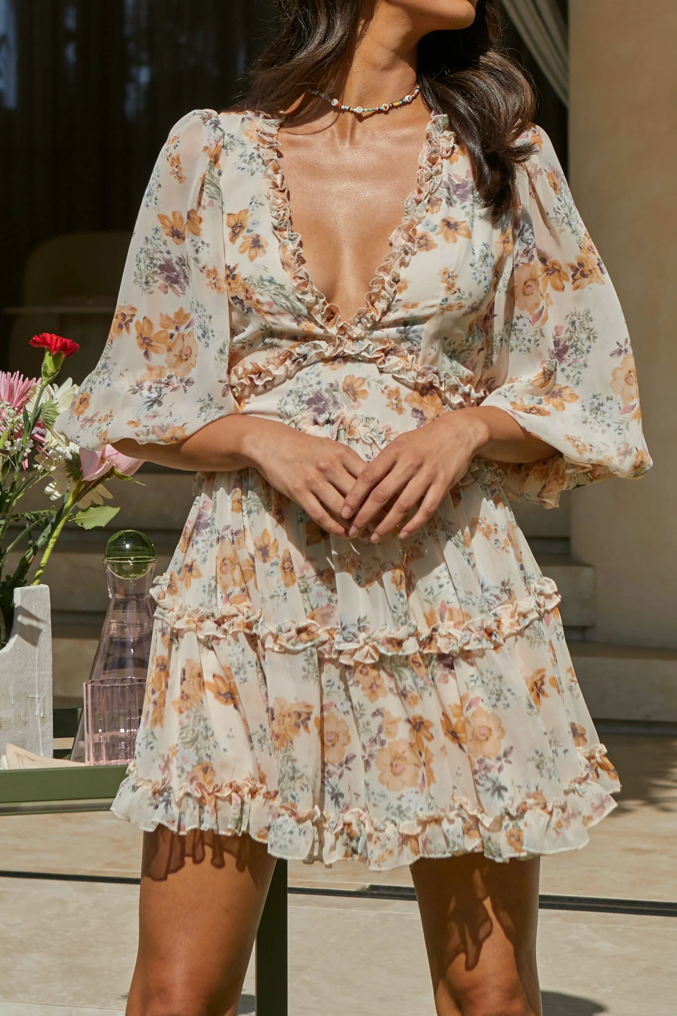Laney Cutout Back Ruffle Trim Dress Vintage Floral Print Beige - Image 4